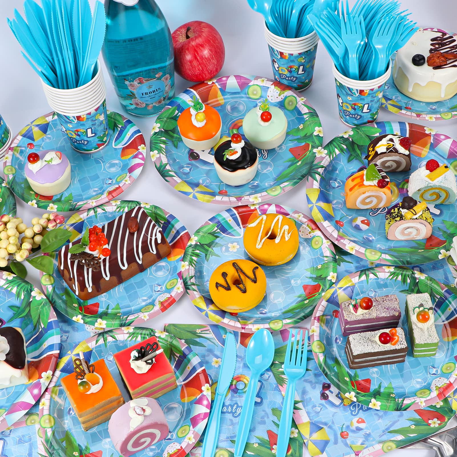 Disposable Party Supplies Set - 24-Piece Pool Party Plates, Cups, Napkins & Cutlery for Birthday, Baby Shower, Summer Beach Events - Eco-Friendly Tableware for Outdoor Gatherings & Themed Decorations