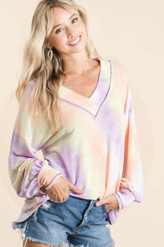 BiBi Tie Dye French Terry V-Neck Top with Puff Sleeves | Women's Casual Loose Fit T-Shirt | Perfect for Yoga, Beach & Summer Outfits