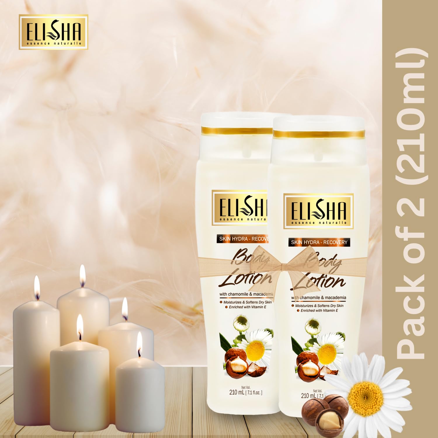 Elisha Chamomile & Macadamia Body Lotion - Healthy Brightening Daily Moisturizer with Sun & Pollution Protection for Dry Skin - Fast Absorbing, Non-Sticky Formula for Men & Women - 210ml (Pack of 2) - Perfect for Post-Shower Hydration & Daily Skincare Routine