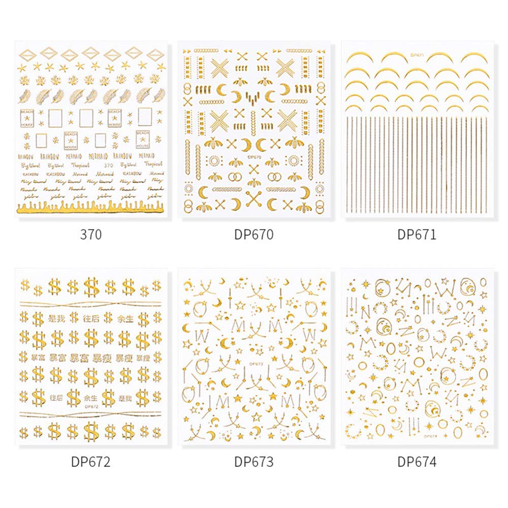 3D Gold Star Nail Art Stickers - Self Adhesive Metallic Nail Decals (6 Sheets) for DIY Manicure, Acrylic Nails & Nail Art Decorations - Luxury Moon & Money Design Nail Supplies - Perfect for Parties, Weddings, Holidays & Special Occasions