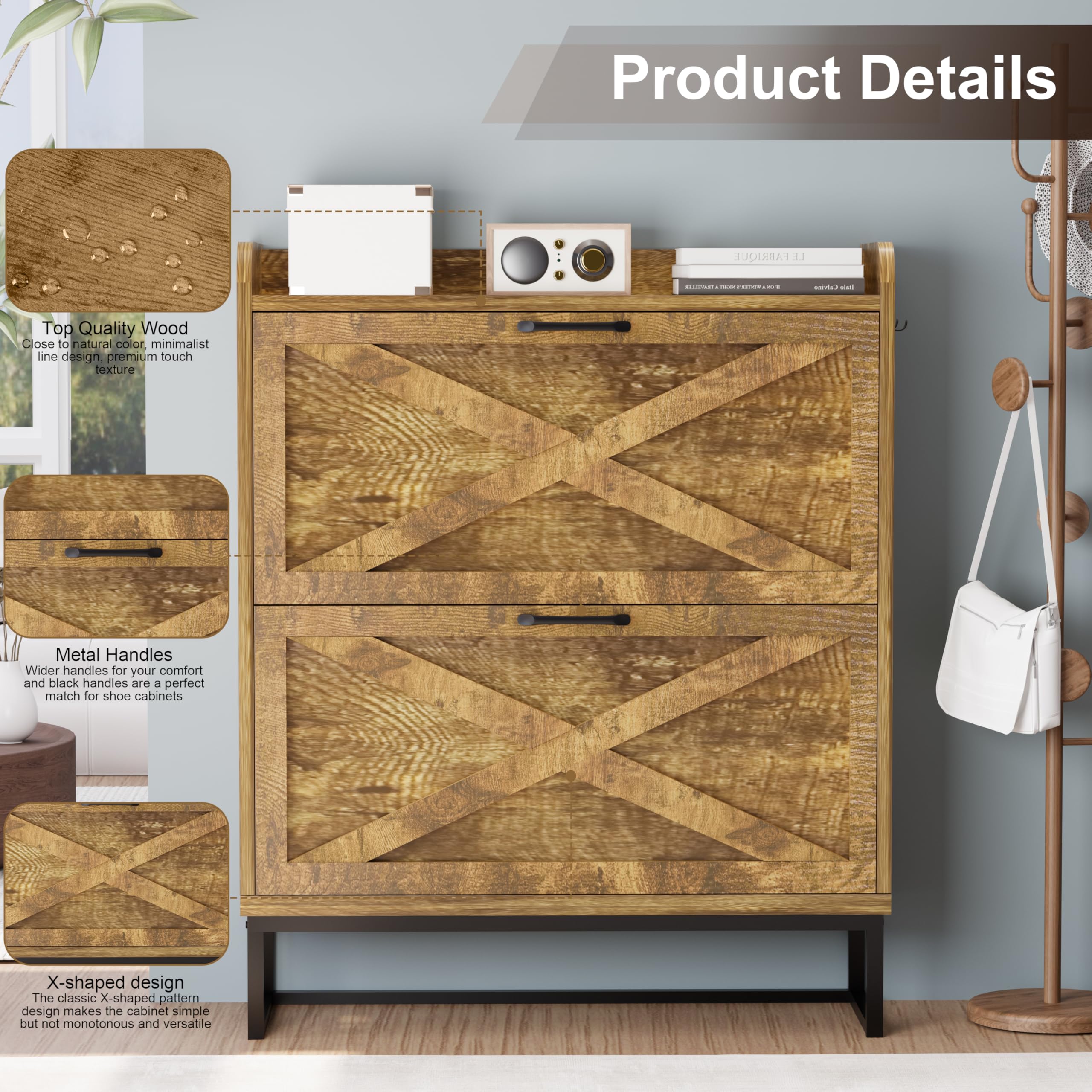 Slim Shoe Cabinet for Entryway - 2 Flip Drawers Shoe Organizer with Hidden Storage & Metal Legs, Farmhouse Free Standing Shoe Rack Cabinet in Rustic Brown - Perfect for Small Spaces, Apartments and Home Organization