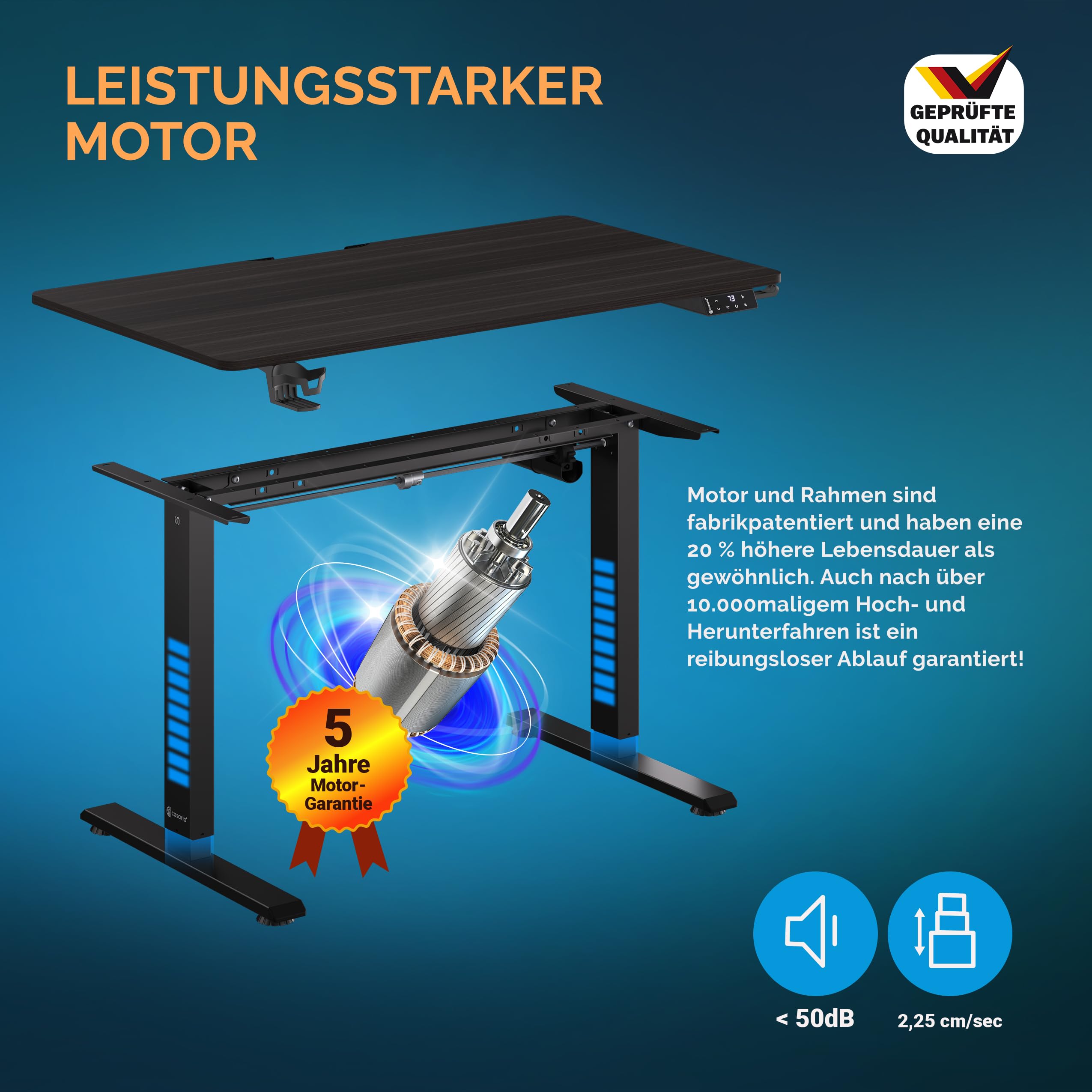 CASARIA Adjustable Height Ergonomic Desk with 2 Reminder Timers, Max Load 120kg, Cup Holder - Perfect for Home Office, Gaming & Study Workspace