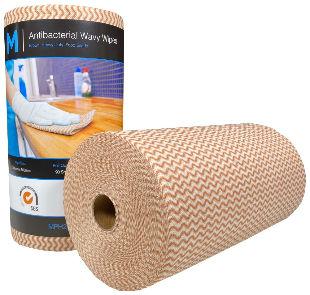 Antibacterial Wavy Wipes Roll - 300mm x 500mm x 90 Sheets (4 Rolls, Brown) | Disinfecting & Cleaning Surfaces for Home, Office & Kitchen