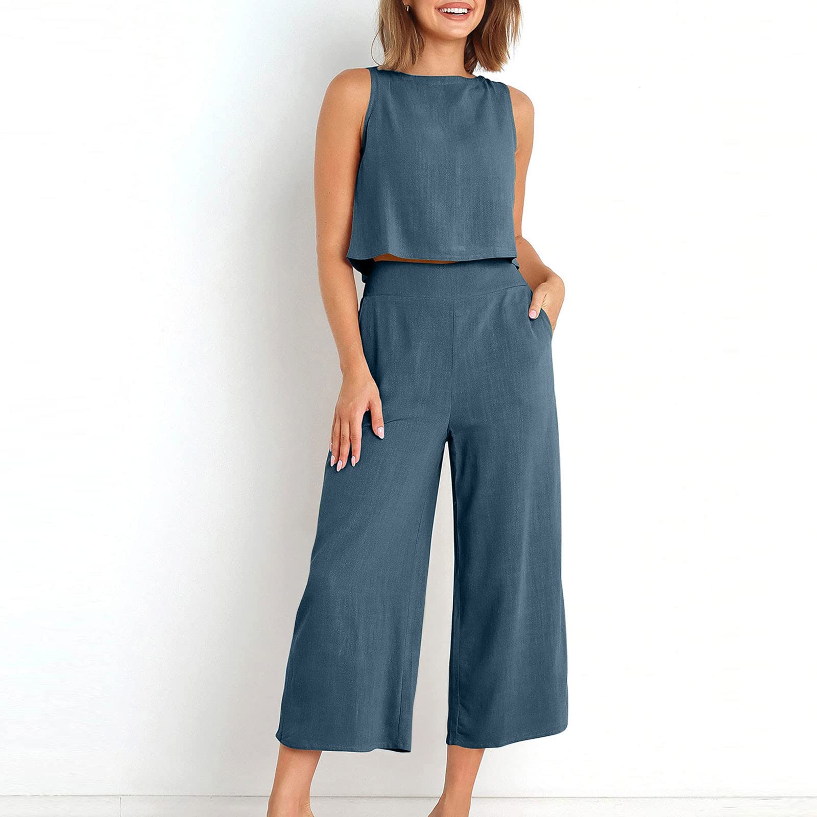 Women's 2-Piece Summer Outfit Set - Linen Crop Top & High Waist Wide Leg Capri Pants | Lounge Wear, Casual Chic, Beach Vacation, Street Style Fashion
