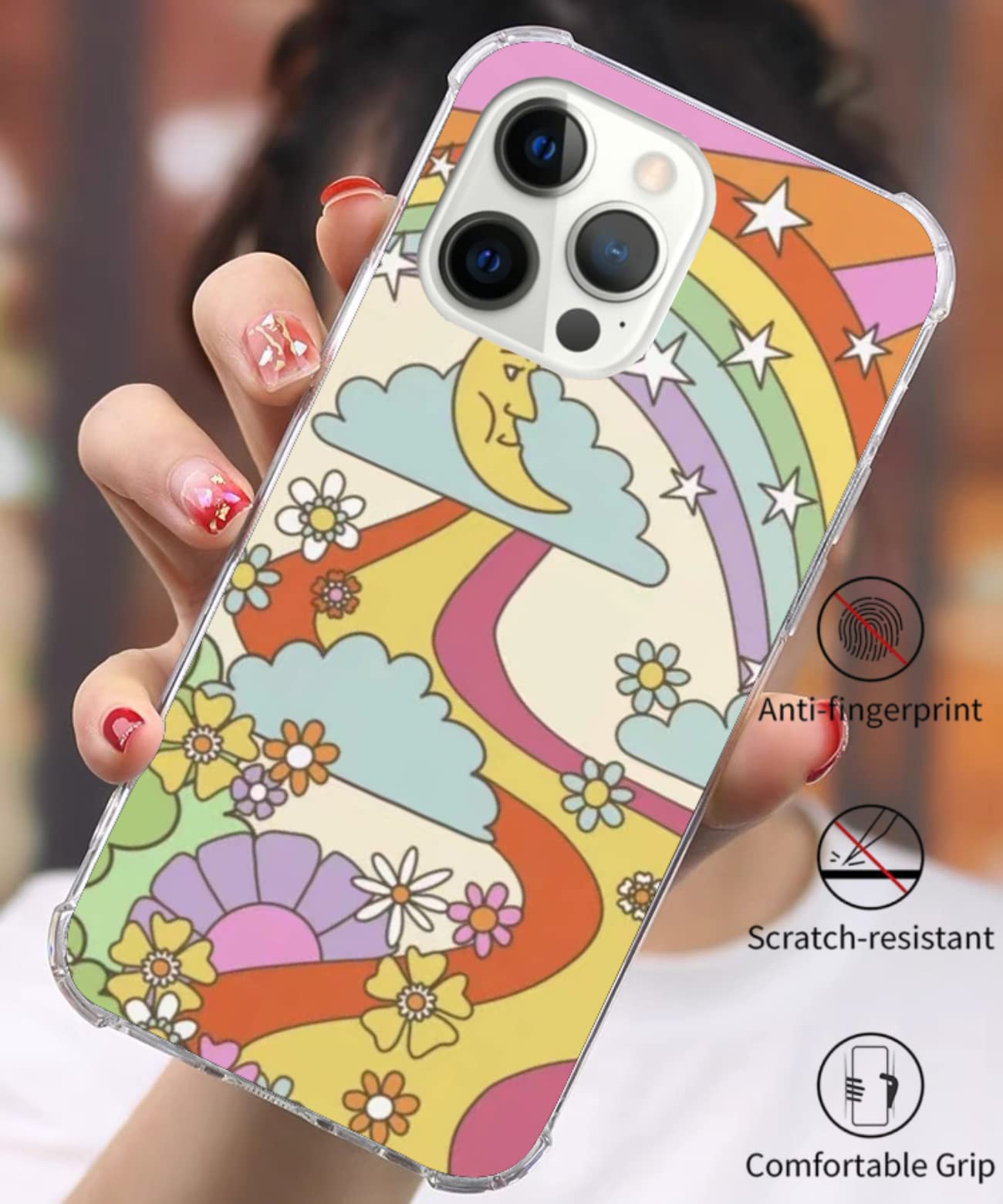 **70s Retro Hippie Rainbow Flowers Peace Sign Phone Case for iPhone 11 Pro Max - Trendy Boho TPU Bumper Case - Perfect for Music Festivals & Vintage Lovers**