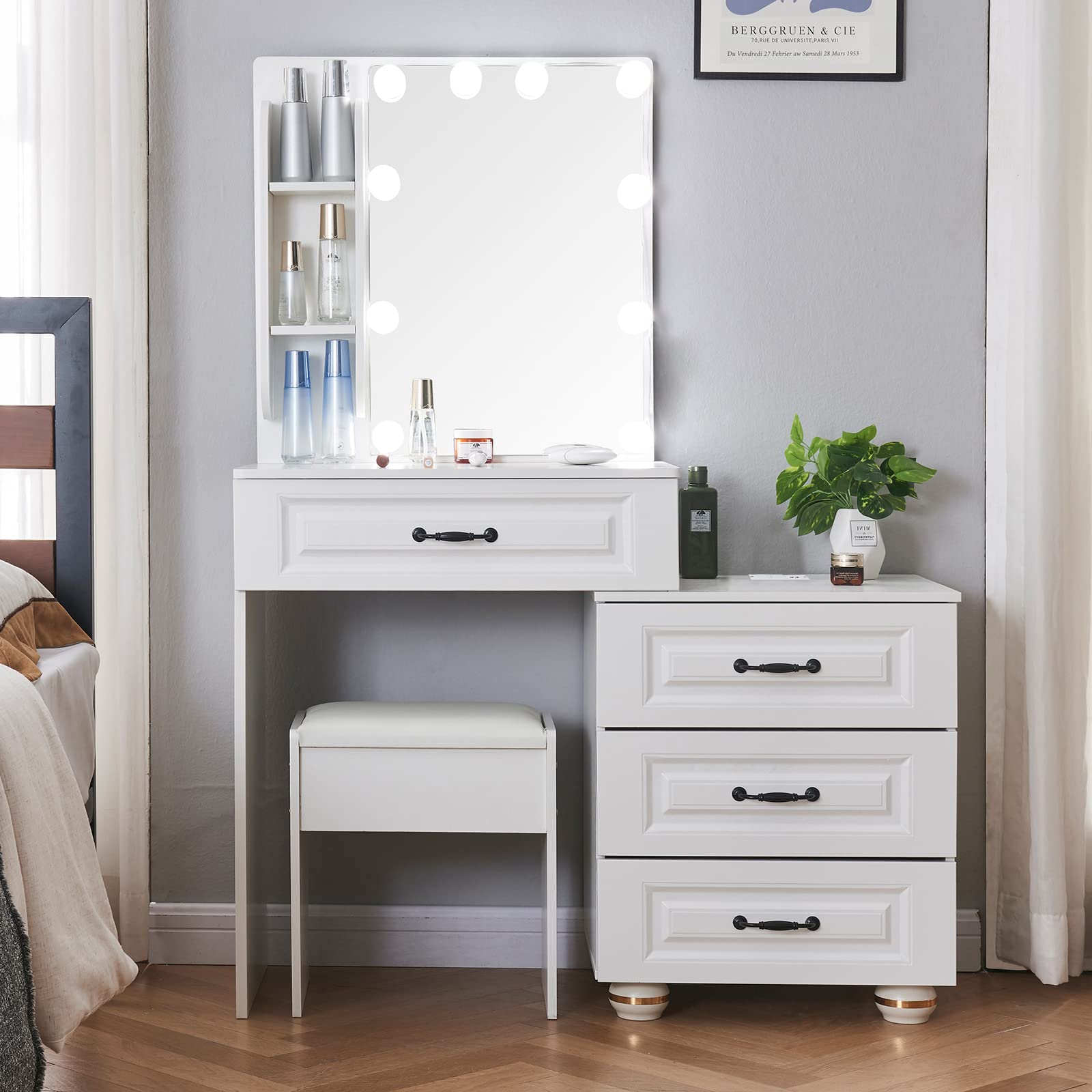 Vanity Table with Mirror and LED Lights - 3 Color Modes, Dimmer Switch, 10 Light Bulbs, 4 Large Drawers & USB Charging Station | Makeup Dressing Table for Bedroom, Hotel, Salon | Perfect Gift for Women and Girls (White)