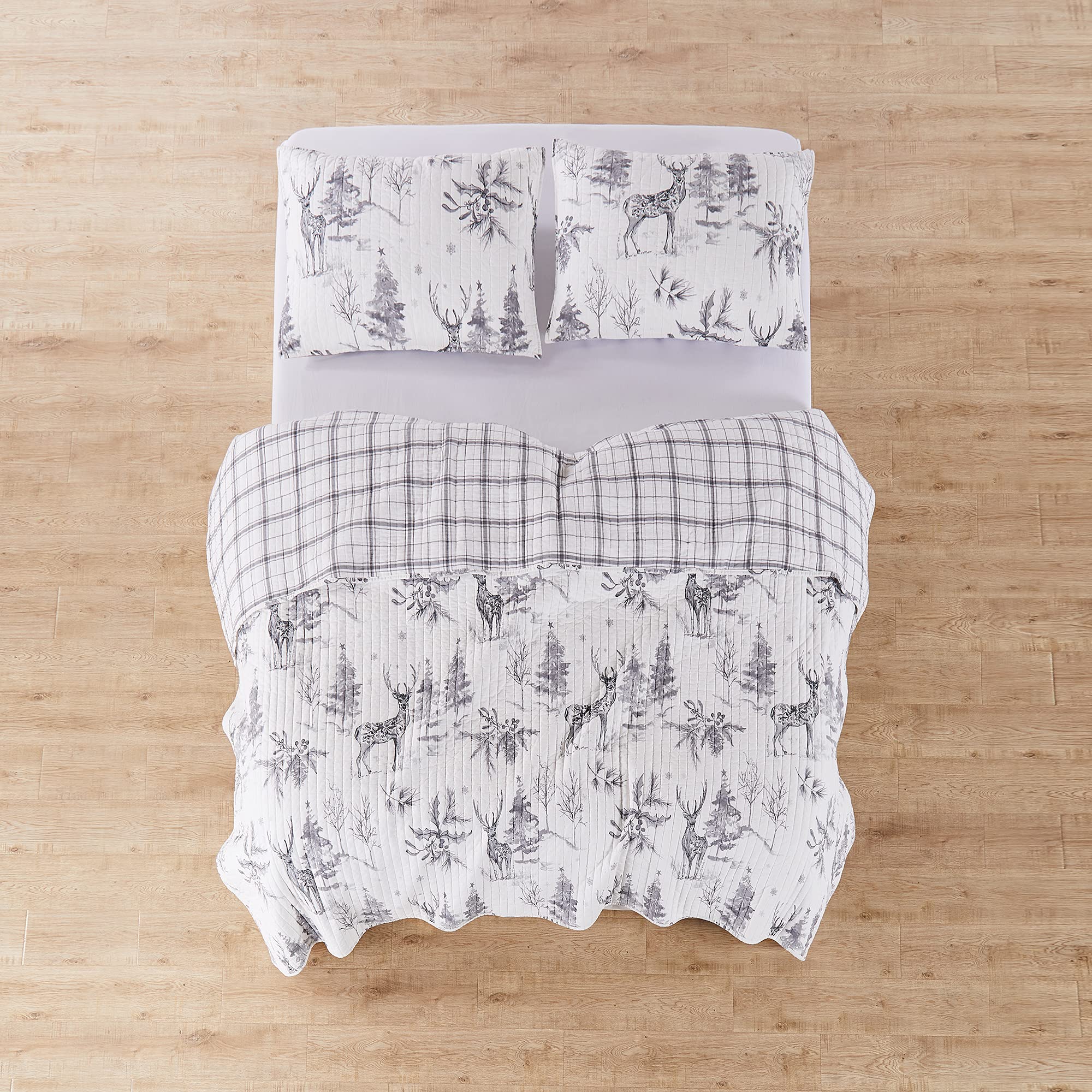 Levtex Home Sleigh Bells Quilt - Twin/Twin XL Holiday Bedding Set 68x86 - Christmas Tree & Reindeer Design - Grey & White Reversible Cotton/Poly Blend - Cozy Winter & Christmas Decor for Bedroom