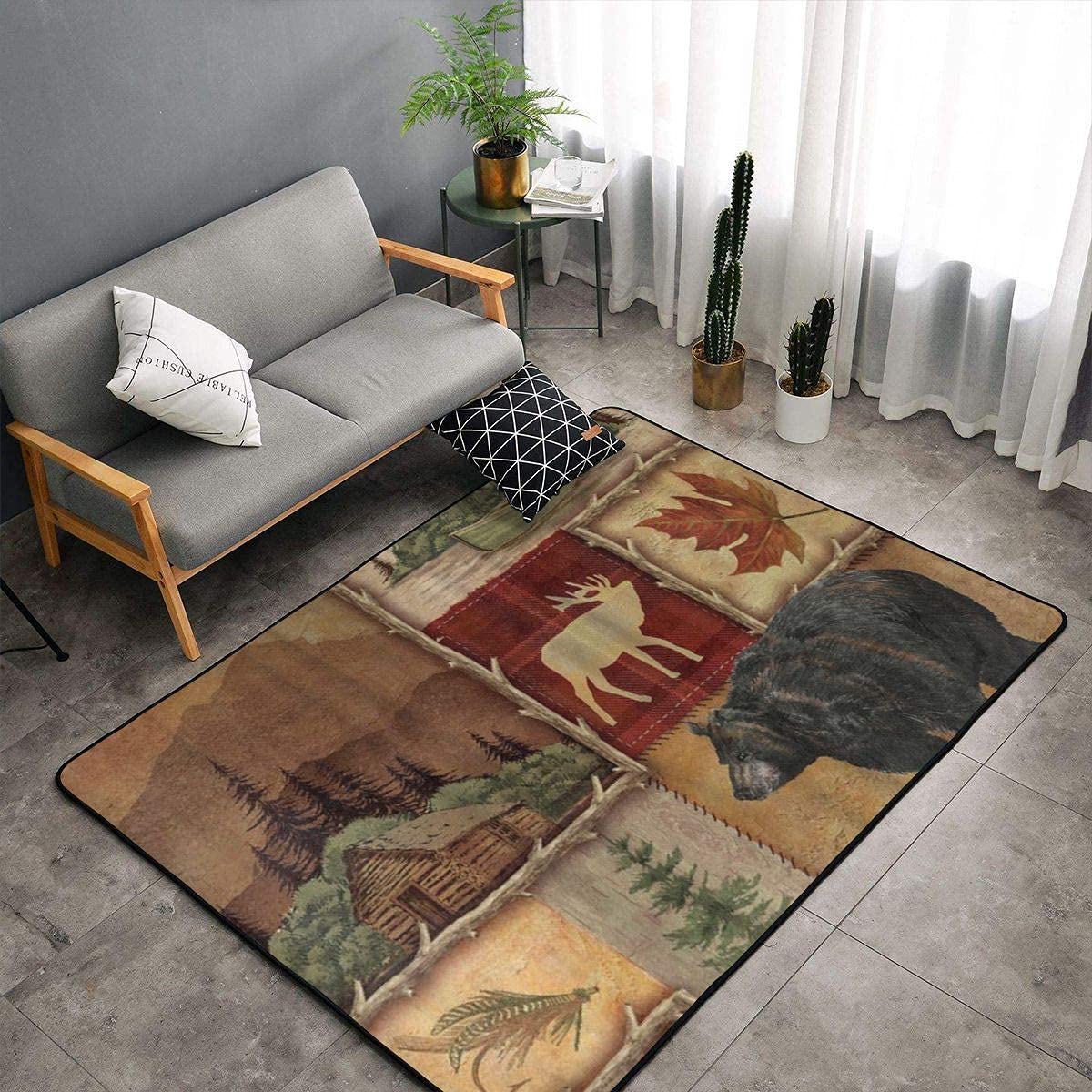 Bear Moose Deer Pattern Area Rug - Retro Rustic Lodge Soft Washable Carpet with Non-Slip Backing - 6x4 Feet Floor Rug for Living Room, Bedroom, Kitchen, Dining Room & Home Office - Perfect for Cabin Decor, Hunting Lodge Style & Cozy Home Accents