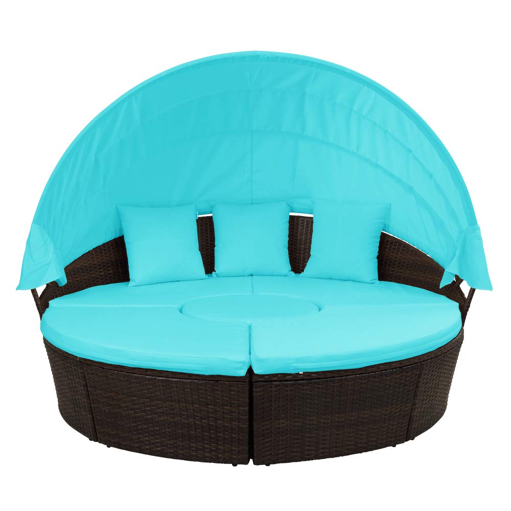 **MJcoffee Round Patio Furniture Set - Outdoor Sectional Sofa with Rattan Daybed, Sunbed & Adjustable Table - Removable Cushions & Retractable Canopy (Blue) - Perfect for Poolside, Garden, or Backyard Relaxation**
