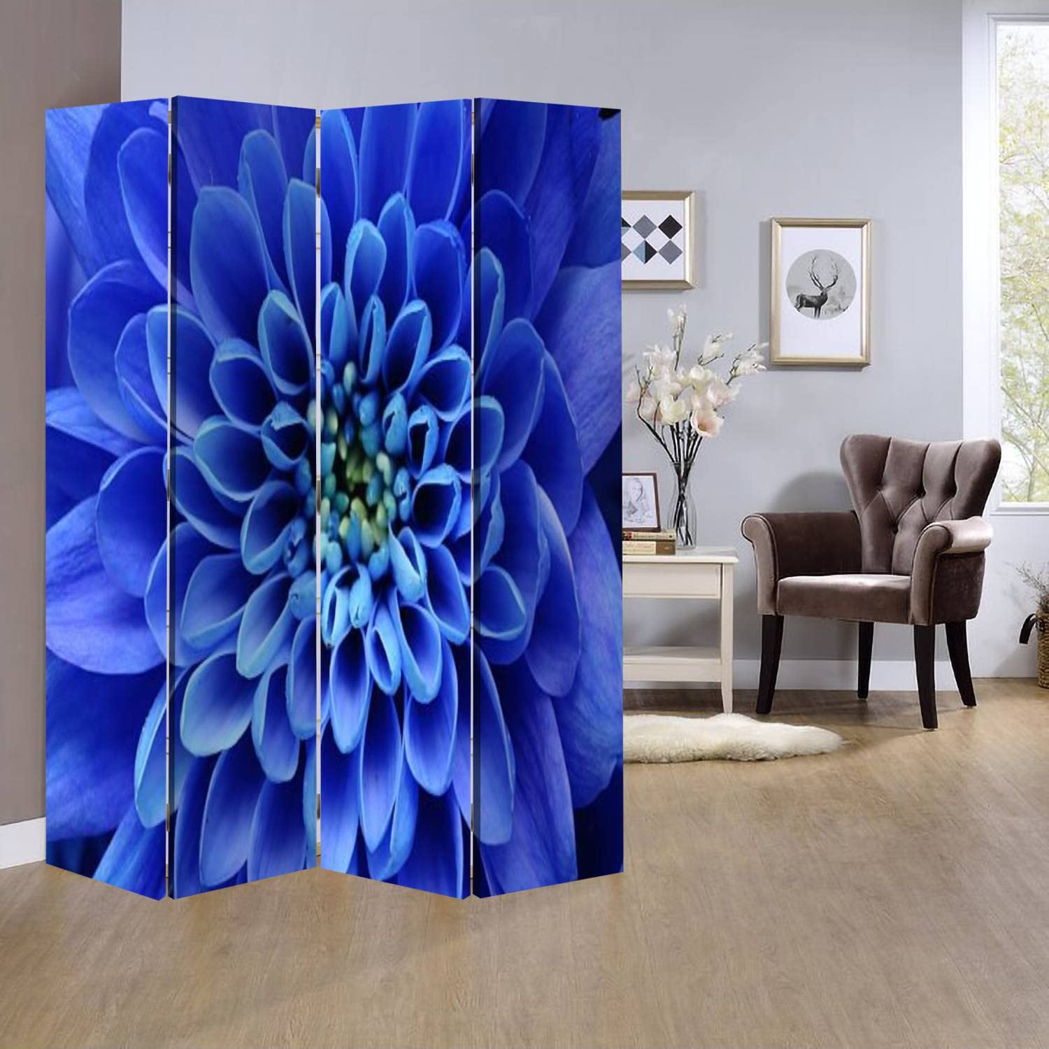 Blue Flower Wood Screen Room Divider - 4 Panel Folding Privacy Partition with Dual-Sided Canvas for Indoor Spaces | Perfect for Home Office, Bedroom Separation & Decorative Display