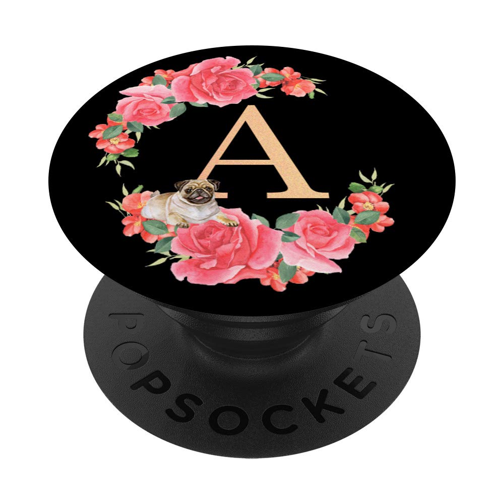 Pug Monogram A Initial Letter - Rose Pink Floral Dog Lover Gift - Personalized Pet Accessories for Home Decor, Gifts & Nursery Room