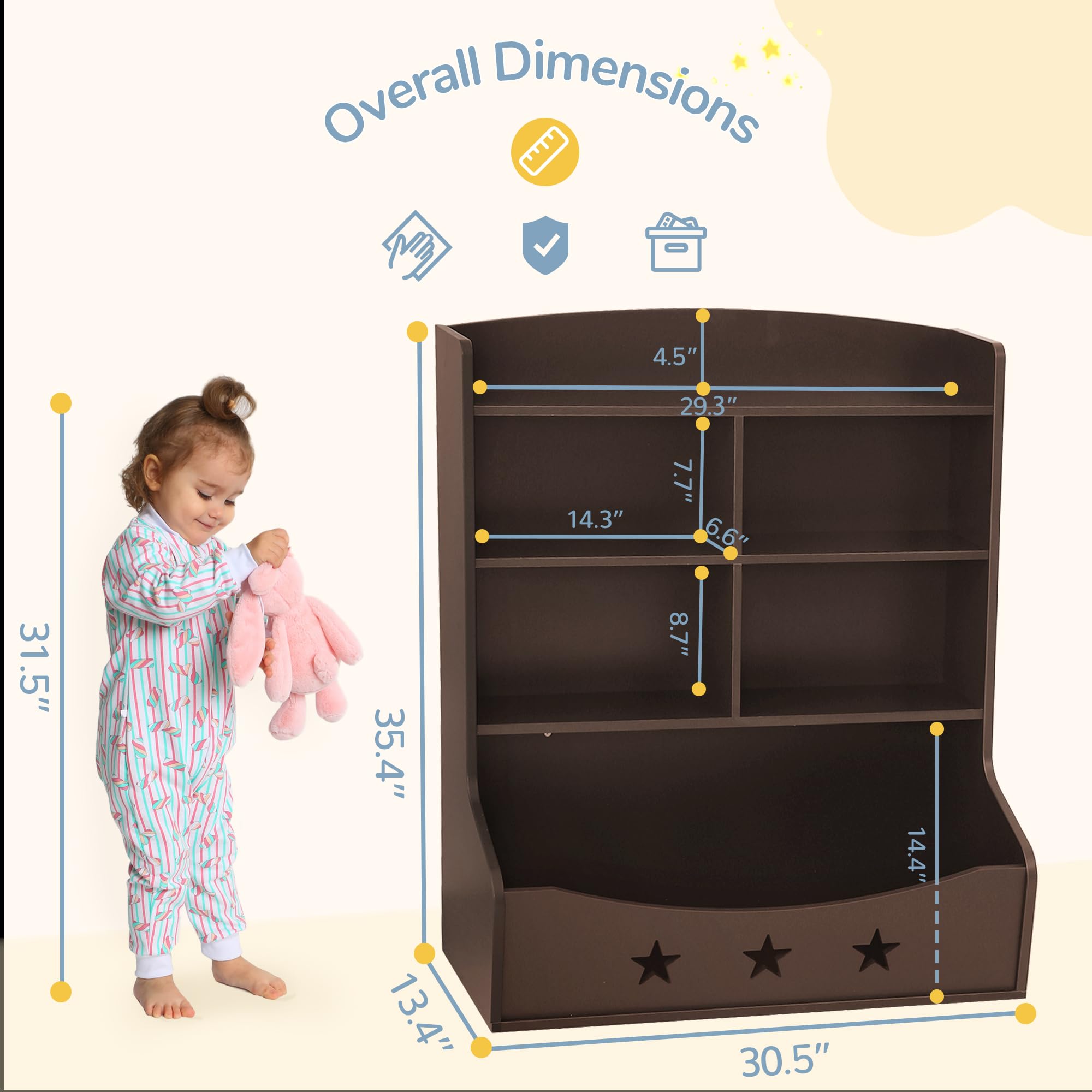 Wooden Kids Bookshelf - 3.5 Tier Bookcase with 5 Cube Storage Units & Star Pattern Design | Nursery, Bedroom, Playroom Organizer for Toys & Books | Durable Toy Storage Cabinet for Children's Rooms (Brown)