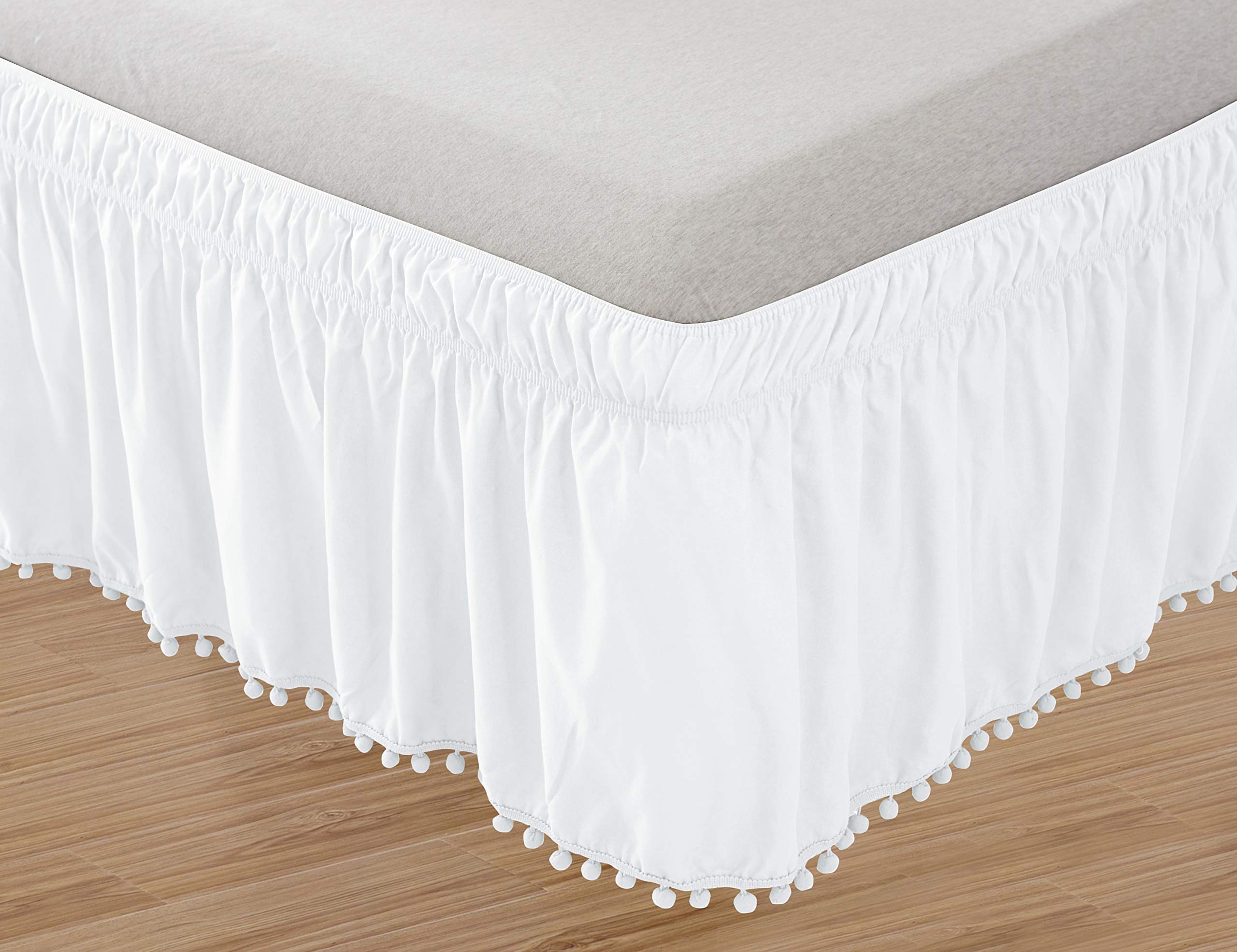 Luxury Elastic Bed Skirt with Top-Knot Tassel Pompom Fringe Ruffle Trim - 30 Inch Drop for Queen & King Size Beds - Elegant White Bed Wrap for Master Bedroom Decor & Hotel Style Bedding