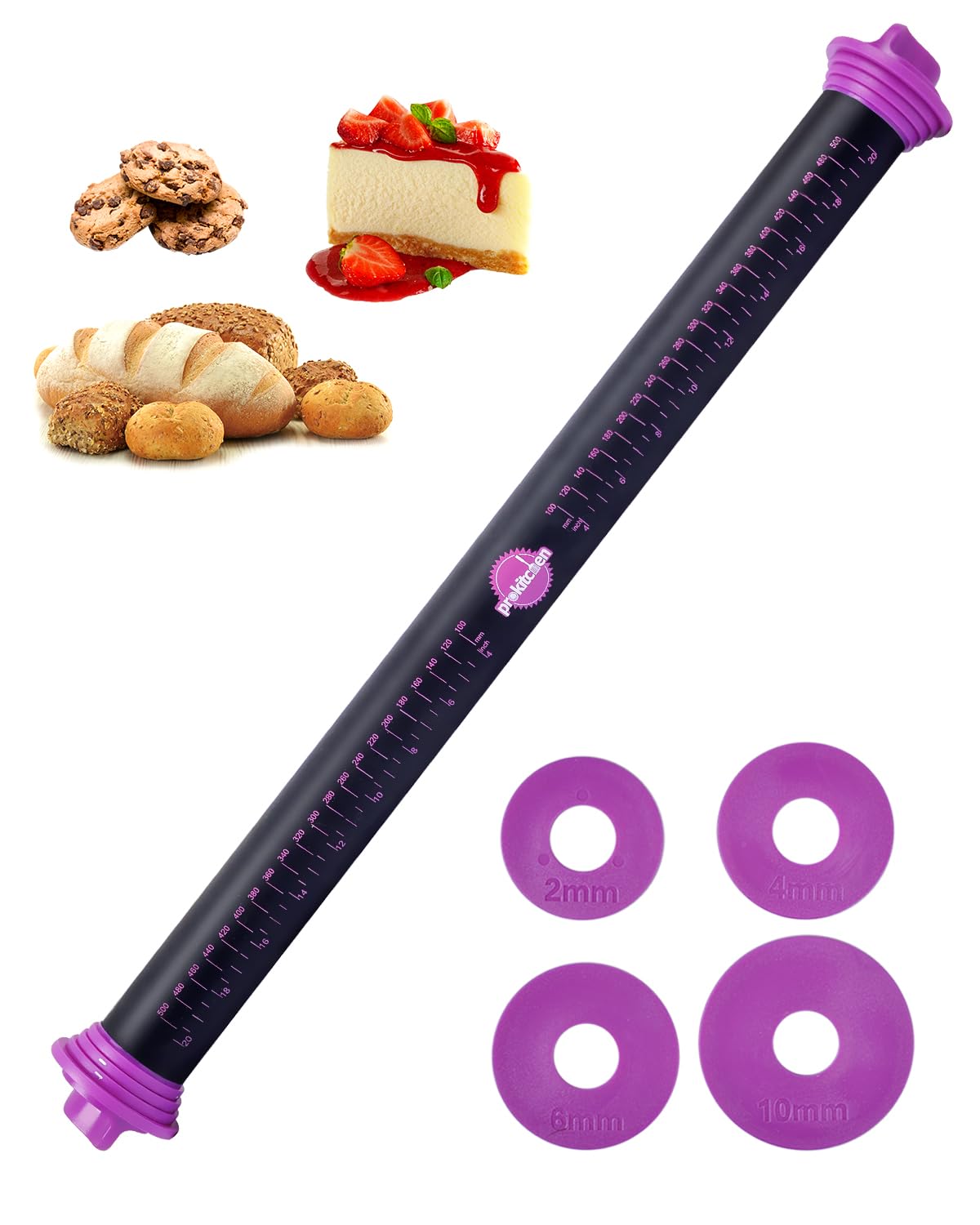Adjustable Silicone Rolling Pin with Thickness Rings - 23.6 Inch Large Purple Dough Roller for Baking, Fondant, Cookies, Pasta & Pizza - Perfect for Home Kitchens & Professional Bakeries