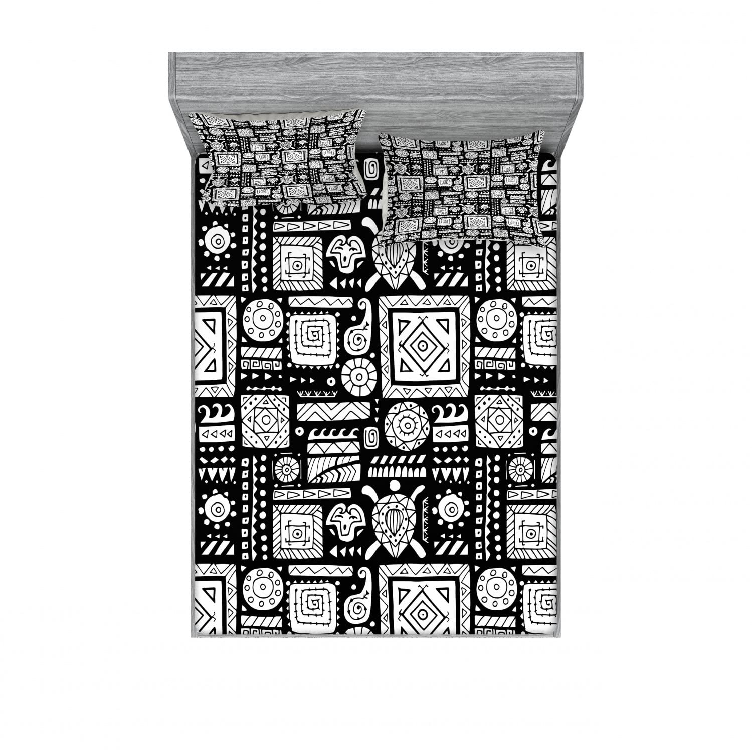 Ambesonne 2-Pack King Size Turtle Print Fitted Sheet & Pillow Sham Set - 4 Piece Ethnic Monotone Line Pattern Bedding Decor in Charcoal Grey & White - Perfect for Coastal, Boho or Nautical Themed Bedrooms