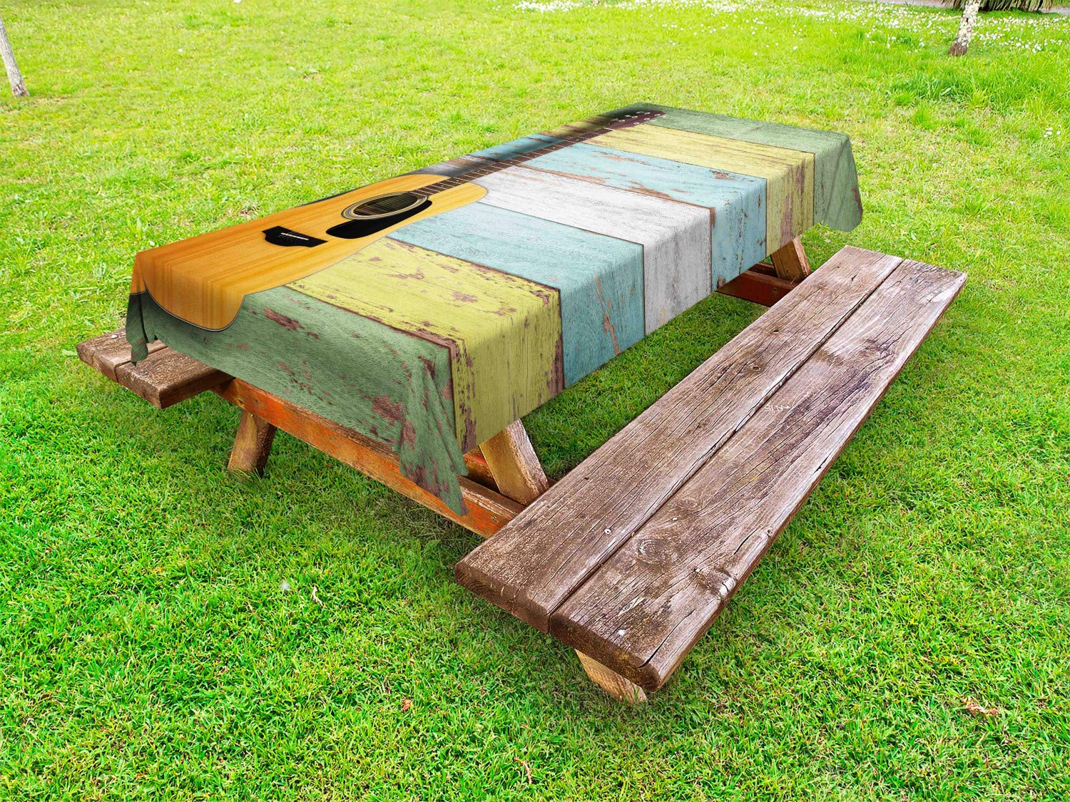 Ambesonne Music Themed Outdoor Tablecloth - Acoustic Guitar on Colorful Painted Wooden Planks, Rustic Country Design, Washable Picnic Table Cover 58x84 Inches - Perfect for Outdoor Dining, BBQs, Garden Parties & Picnics