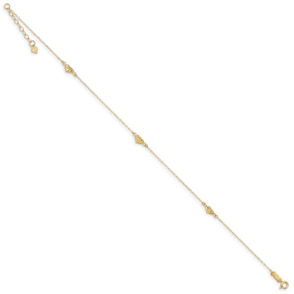 14K Yellow Gold Diamond-Cut Triple Puffed Hearts 1 Inch Anklet Bracelet - 9