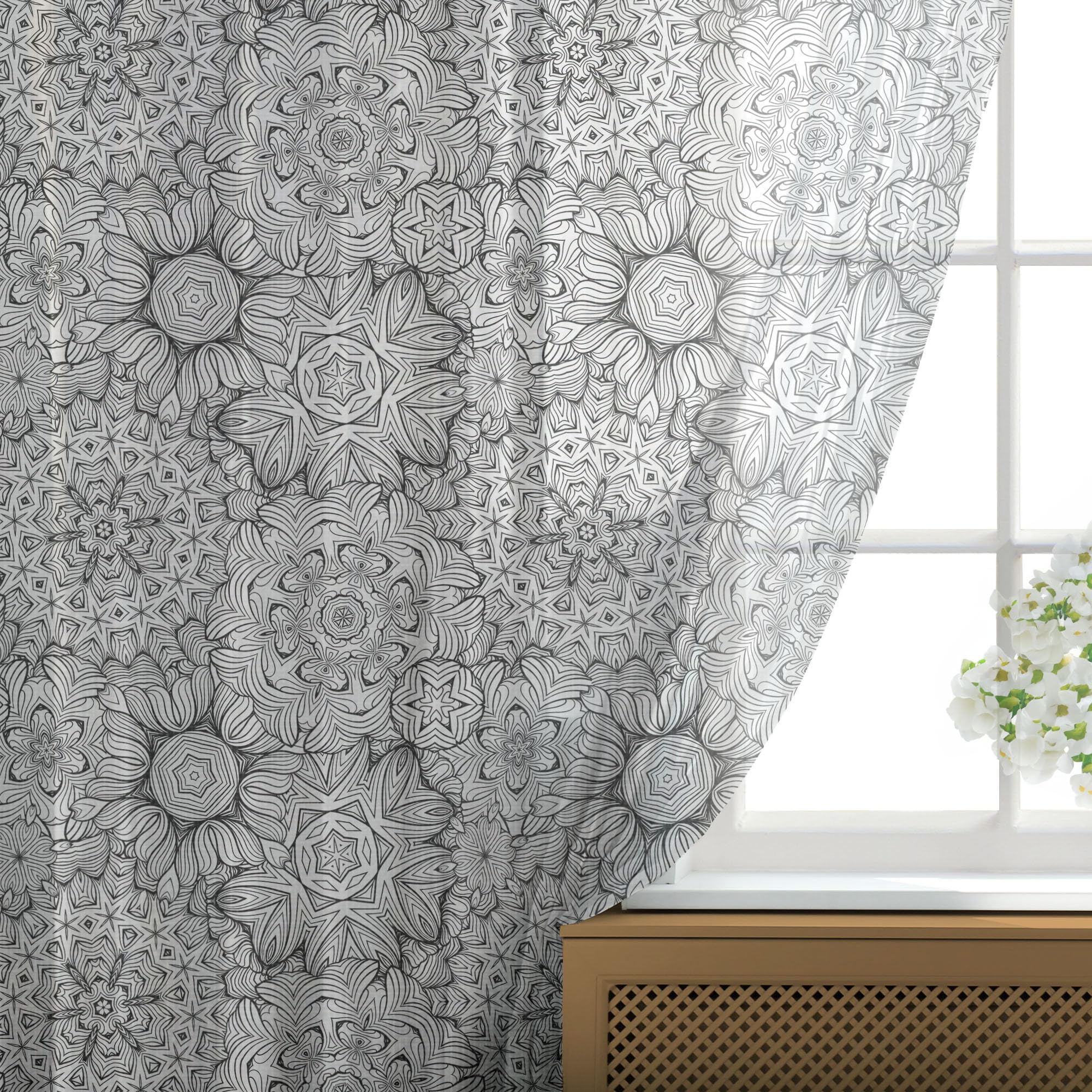 Ambesonne Floral Tulle Curtains with Rod Pocket - Hand Drawn Blossom Pattern, Eastern Lines & Curved Stripes - Sheer Wedding Drapes for Bedroom, Living Room, Party Decor - 2 Panels 108