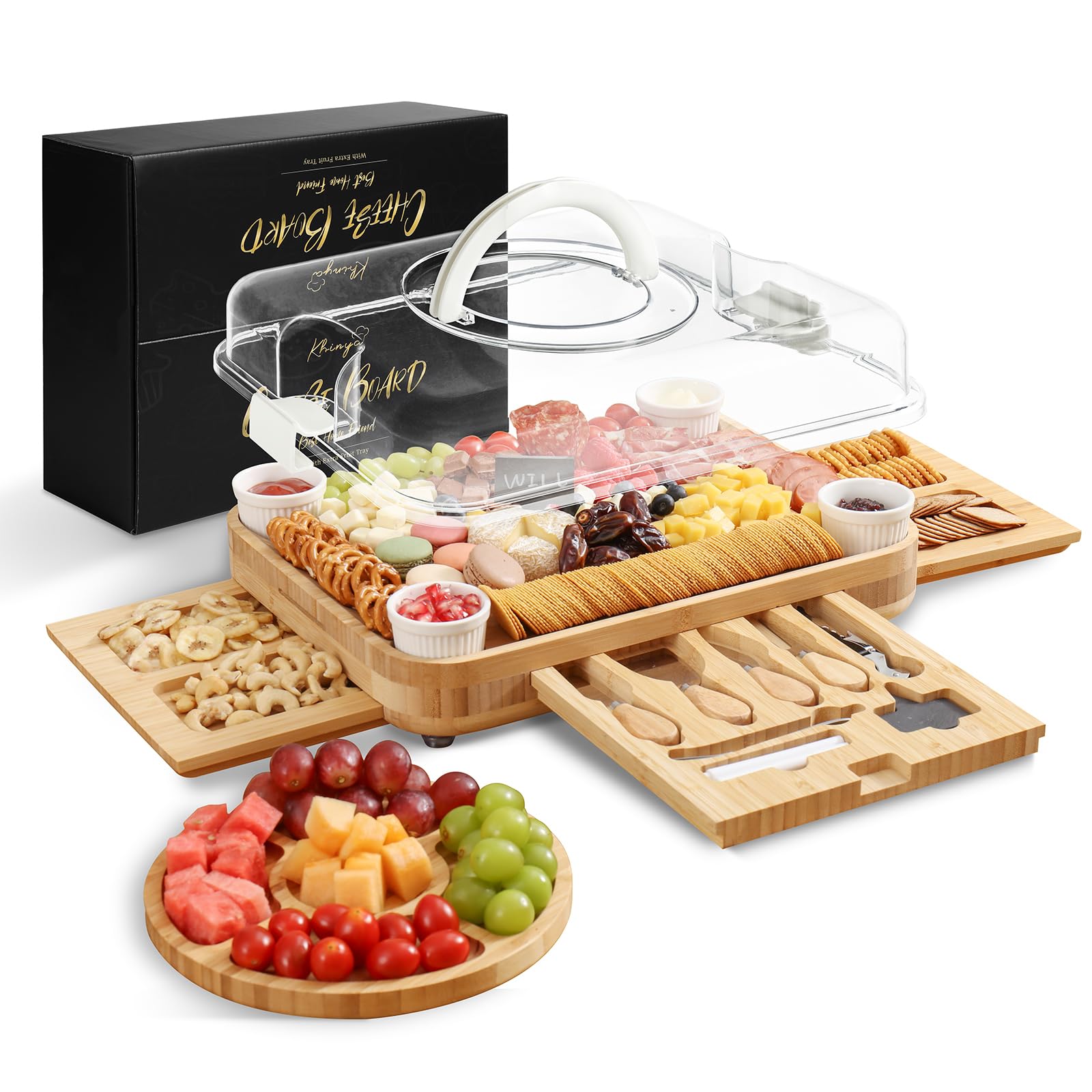 Premium Charcuterie Board Set with Lid - Elegant Cheese Serving Tray & Entertaining Platter for Parties, Housewarming Gifts, Women's Gift Ideas - 3 Drawer Cream Design with Convenient Handle (Perfect for Wine Nights, Bridal Showers & Holiday Gatherings)