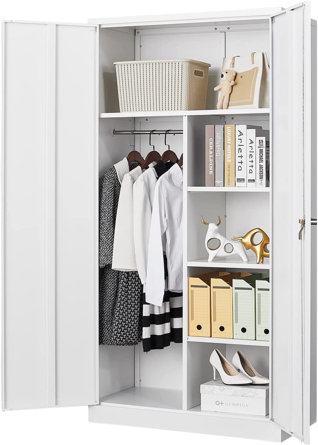 GEDELITE White Metal Storage Cabinet - 4 Shelves, Hanging Rod & 2 Lockable Doors - Freestanding Locker Wardrobe for Office, Garage, Warehouse Organization & Storage
