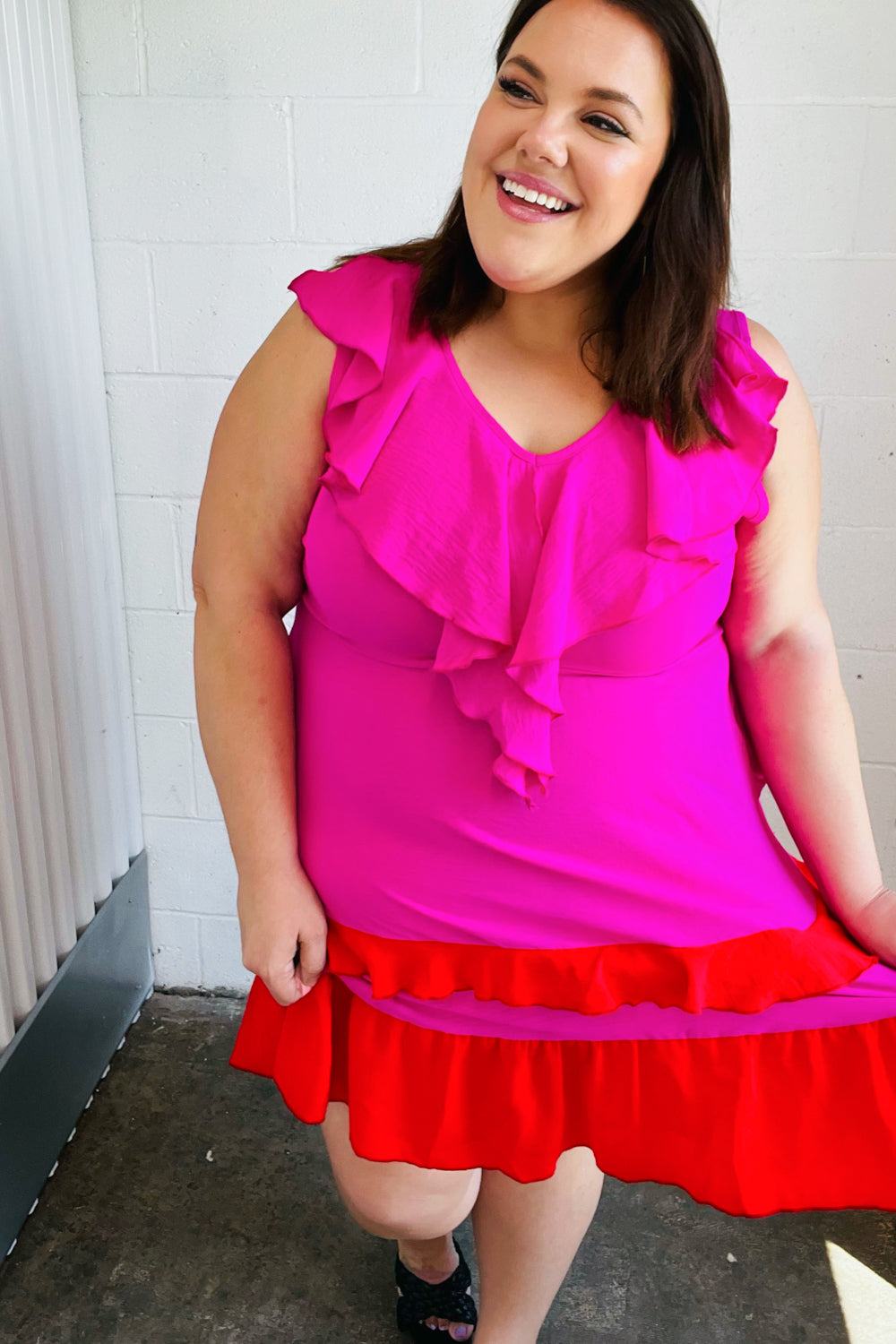 Fuchsia Ruffle V-Neck Crepe Tiered Midi Dress for Women - Flowy Party & Wedding Guest Outfit - Elegant Cocktail & Summer Dresses