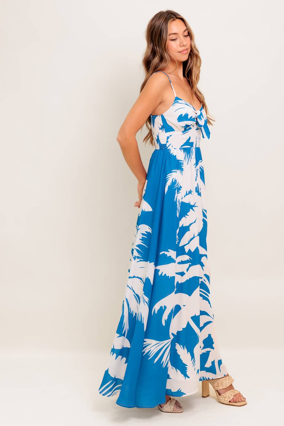 KAIA Blue Palm Print Maxi Dress - Flowy Summer Beach Dress for Women, Perfect for Vacations, Parties & Casual Outings