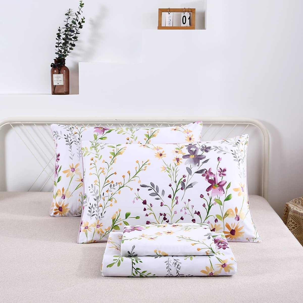 Premium Egyptian Cotton 6-Piece Bed Sheet Set - Farmhouse Lilac Floral Print, Deep Pocket 18