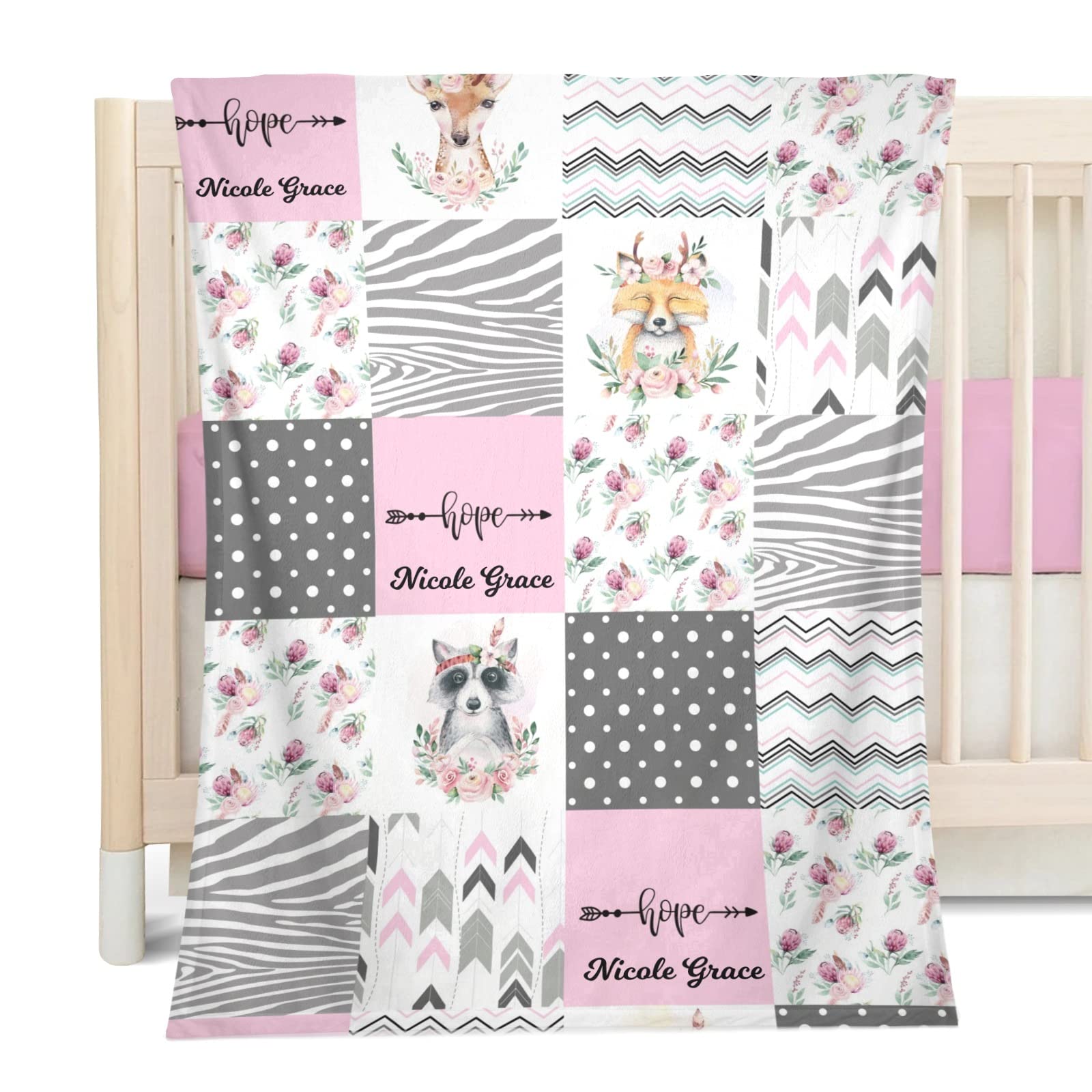 Personalized Baby Blanket - Soft Floral Deer Raccoon Fox Patchwork Custom Blanket for Baby Shower, Toddler Nursery, Stroller & Crib - 30x40 Inch Cozy Blanket for Newborns, Infants & Kids - Perfect Gift for Baby Showers, Birthdays & Holidays