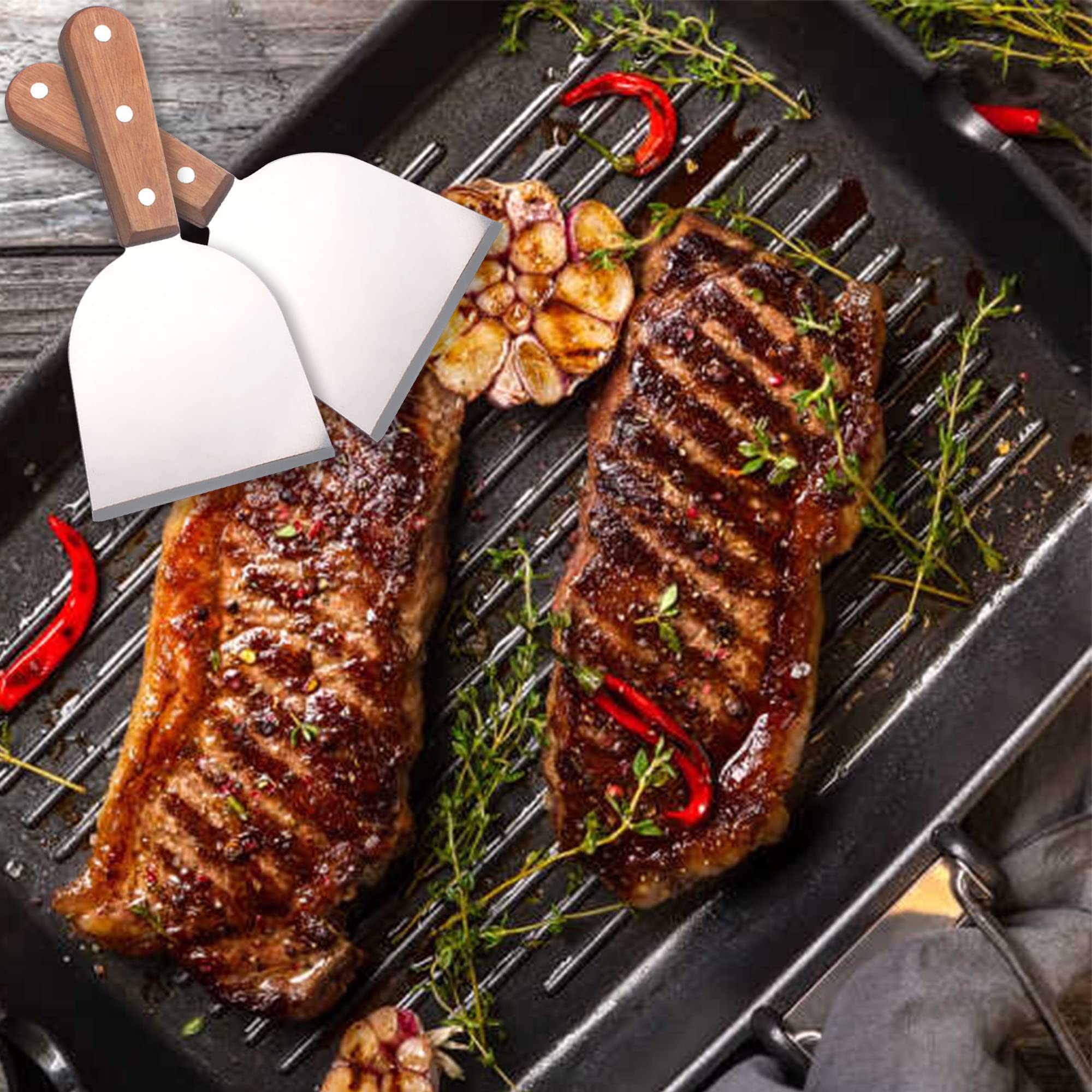 Premium Stainless Steel Grill Scraper & Spatula Set - 2-Piece Slanted Blade Griddle Cleaner with Wooden Handle for BBQ, Teppanyaki, Pancakes & Pizza - Perfect for Outdoor Cooking, Camping & Restaurant Use