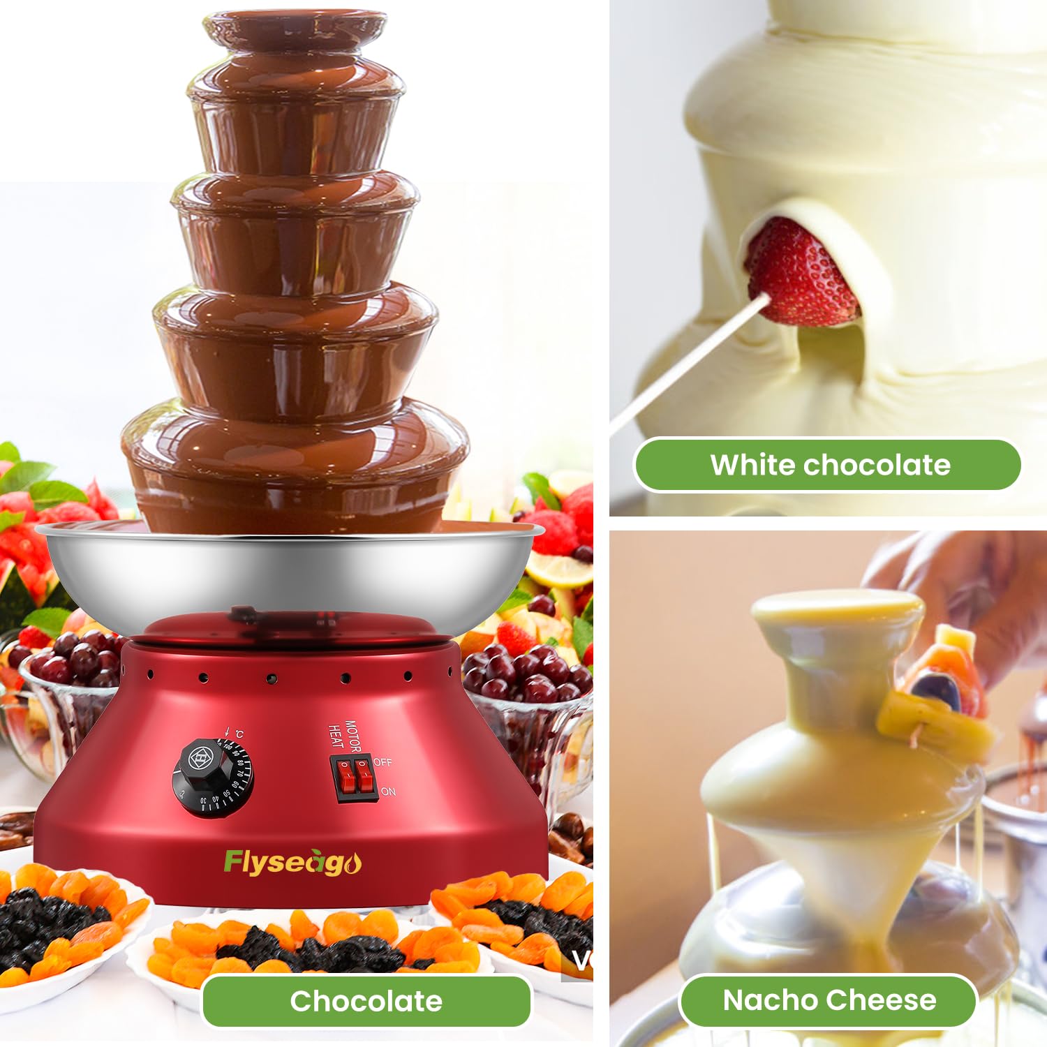 Commercial Chocolate Fountain Machine - 5 Tier 7-Pound Stainless Steel Hot Chocolate Fondue Tower with Large Capacity for Melting Chocolate, Nacho Cheese & Liqueurs | Perfect for Weddings, Parties & Catering Events (Vintage Red)