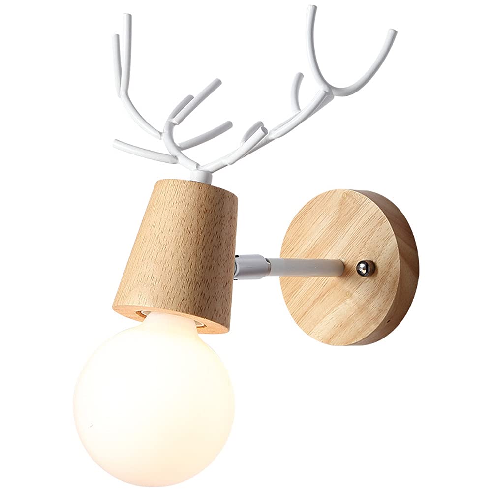 Jijunpinpai Cartoon Antler Wooden Wall Lamp - Adjustable LED Wall Sconce, Nordic Style Kids Room & Bedroom Decor Lighting Fixture (White) | Perfect for Nursery, Children's Bedroom & Cozy Reading Nook