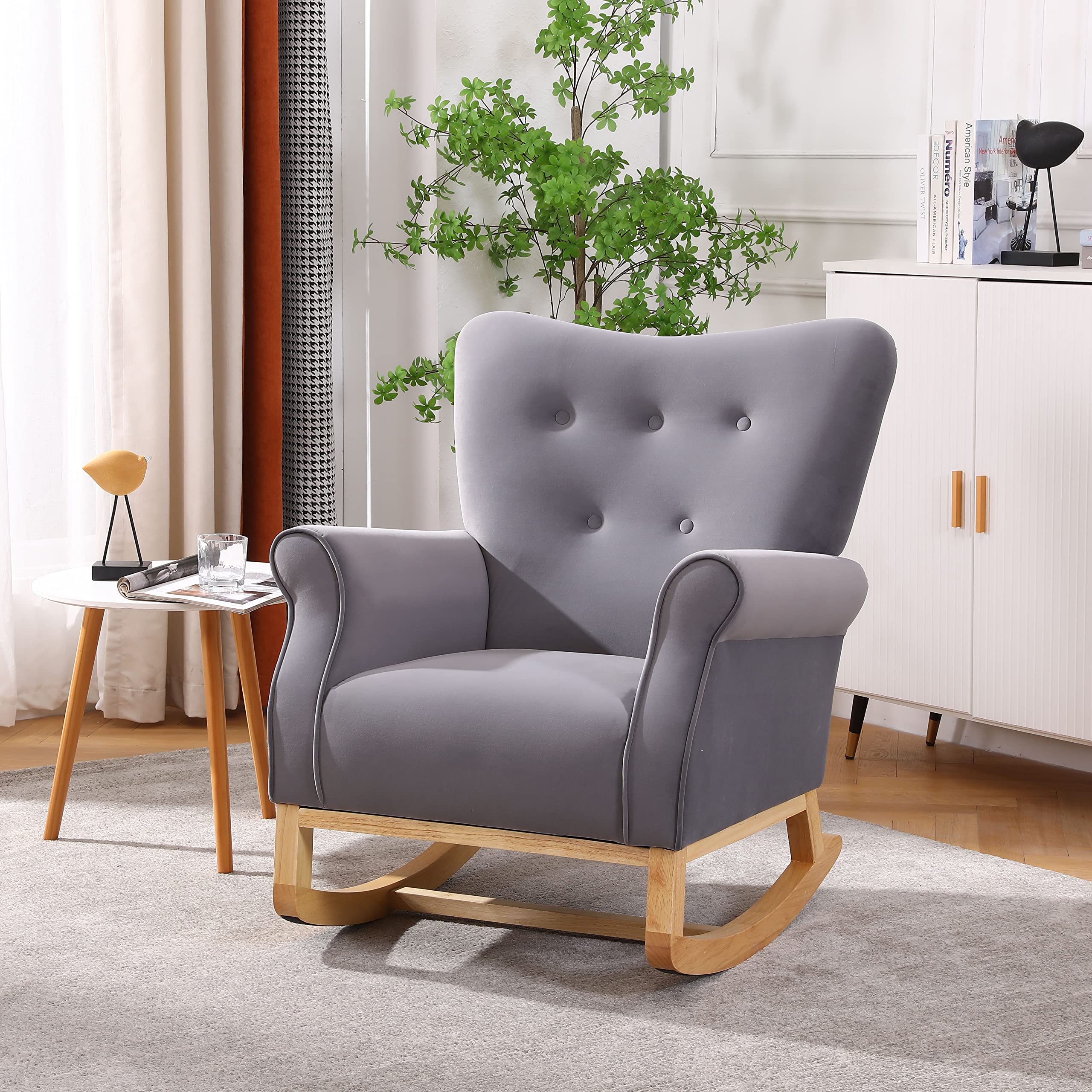 Nicbex High Back Rocking Chair - Velvet Upholstered Nursery Glider & Baby Rocker with Smooth Motion, Grey | Perfect for Nursing, Feeding, and Soothing Babies in Nursery or Bedroom