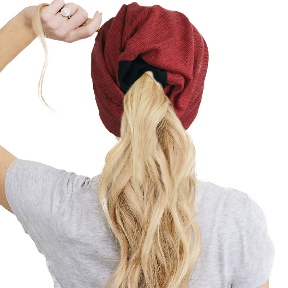 FORBUSITE 2 Pack Women's Slouchy Ponytail Beanie Hats - Thin Summer Knit Caps with Ponytail Hole - Multifunctional for Running, Yoga & Outdoor Activities