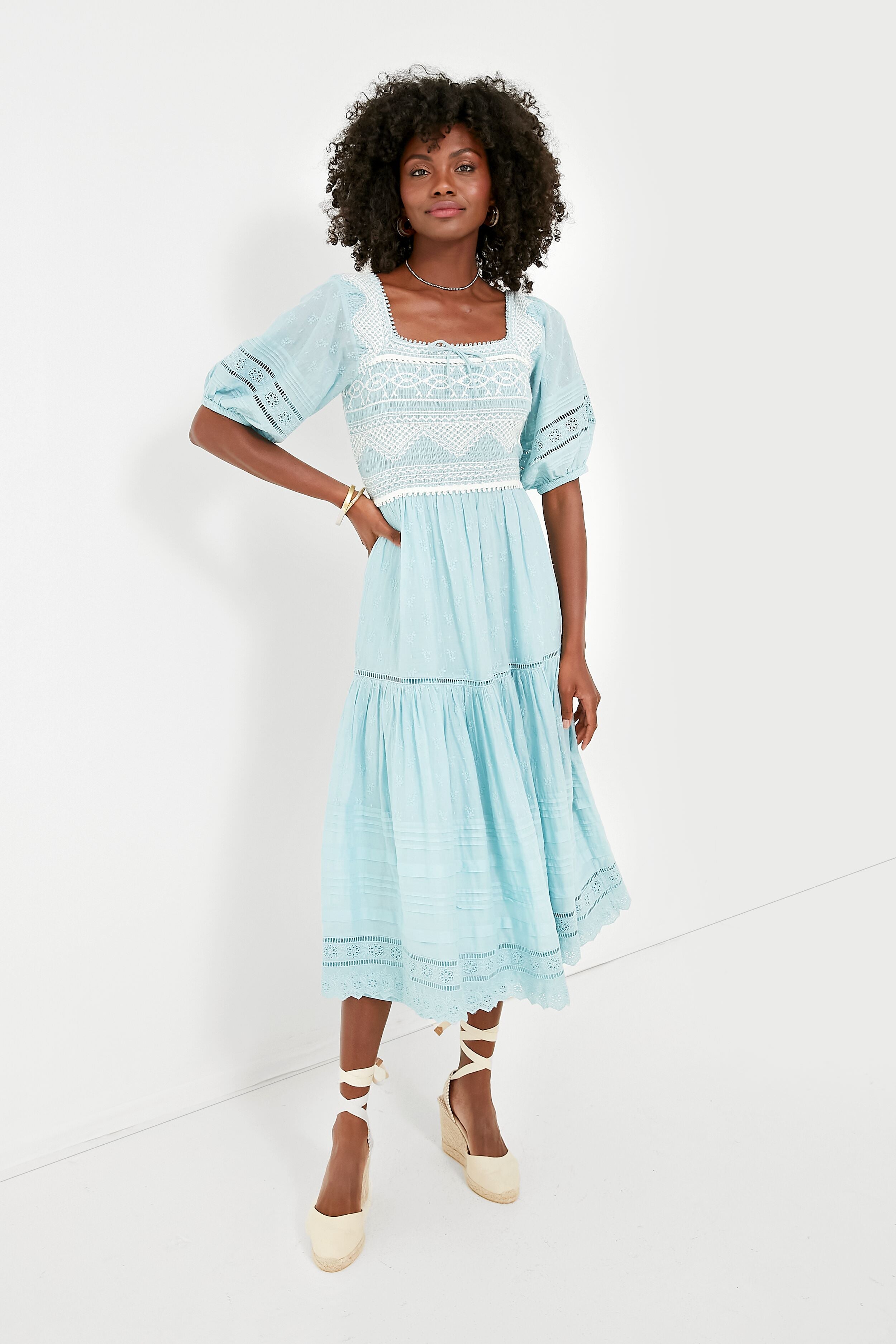 Blue Olga Hand Smocking Puff Sleeve Dress - Elegant Floral Summer Dress for Women, Perfect for Weddings, Parties & Beach Vacations