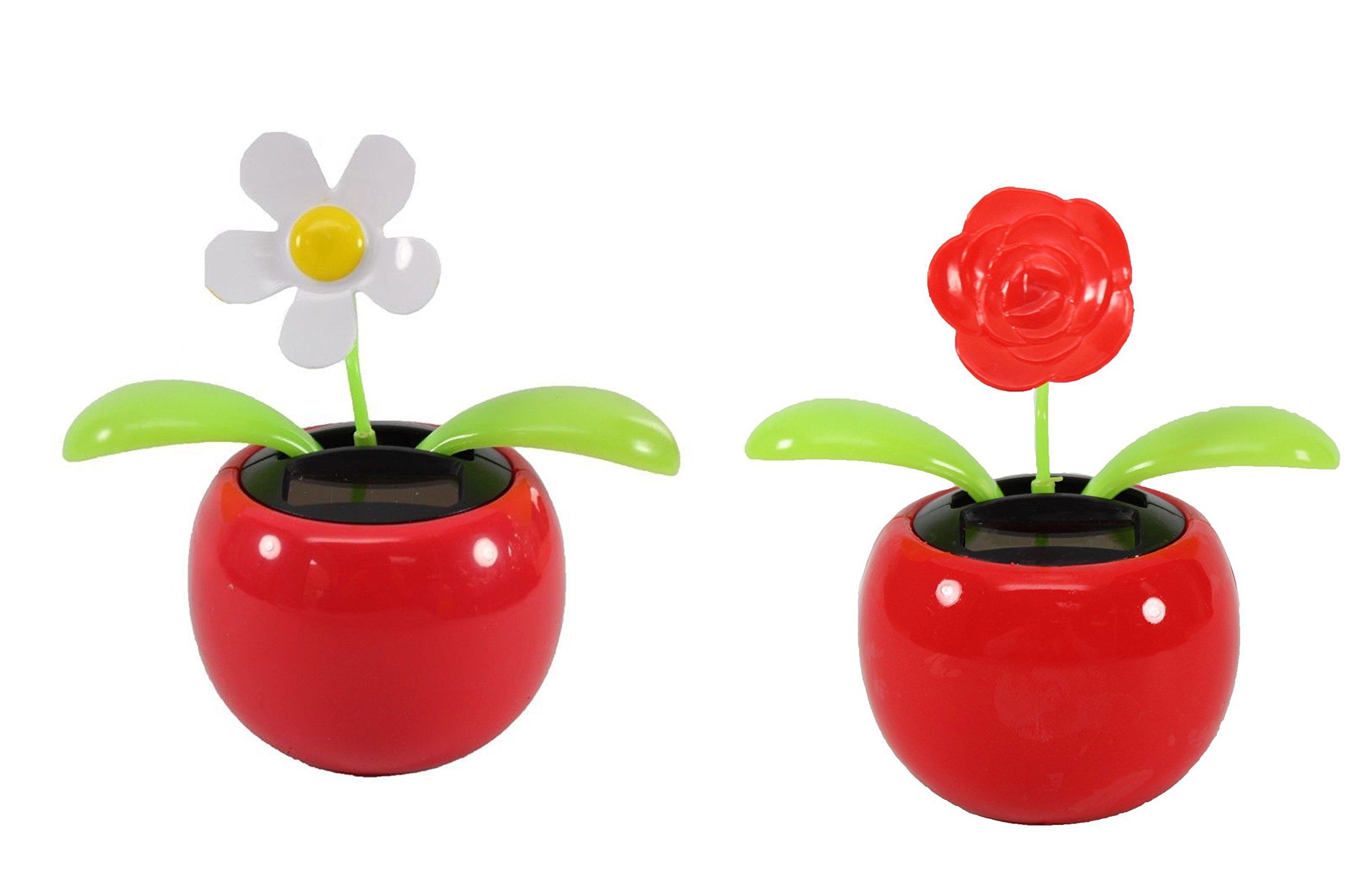 Dancing Solar Flowers Set of 2 - Red Pot Daisy & Rose for Car Dashboard, Office Desk, Home Decor | Solar Powered Dancing Toys for Holidays, Gifts & Party Decorations