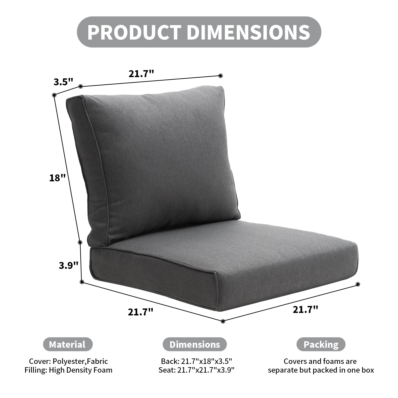 Outdoor Deep Seating Cushion Set 21.7x21.7 Inch - Thick Foam Replacement Patio Furniture Cushions, Dark Grey - Perfect for Backyard, Poolside & Garden Lounge Chairs