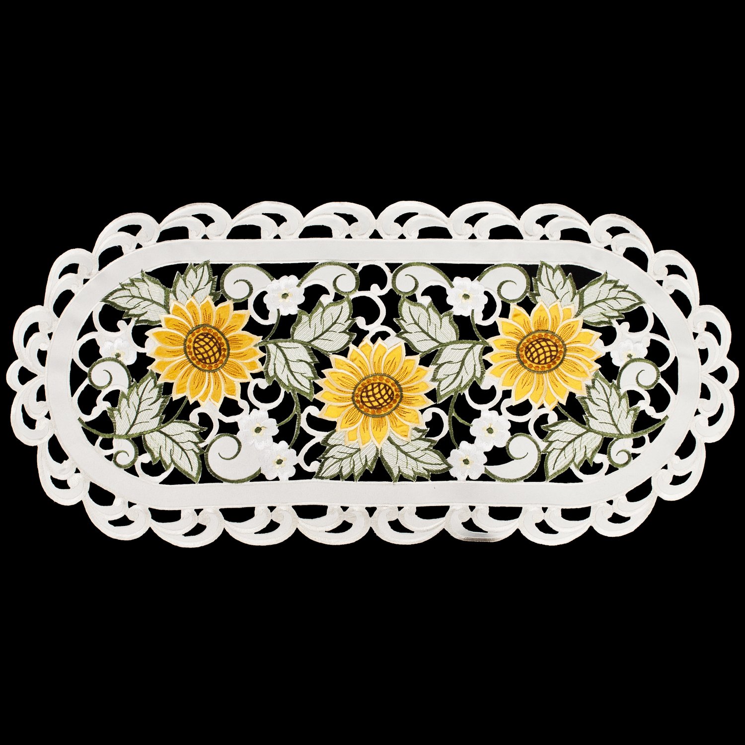 Embroidered Open Weave Sunflower and White Daisy Ivory Table Runner - 14x27 Inch Dresser Scarf, Coffee Table Doily for Dining Room Decor, Farmhouse Table Setting, Wedding Centerpiece