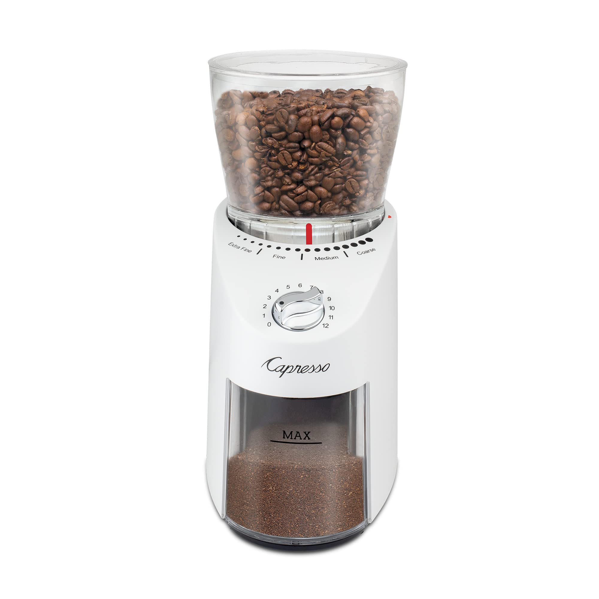 Capresso Infinity Plus Conical Burr Coffee Grinder - Premium Stainless Steel Burrs, Adjustable Grind Settings, White - Perfect for Espresso, French Press & Pour Over Coffee Brewing