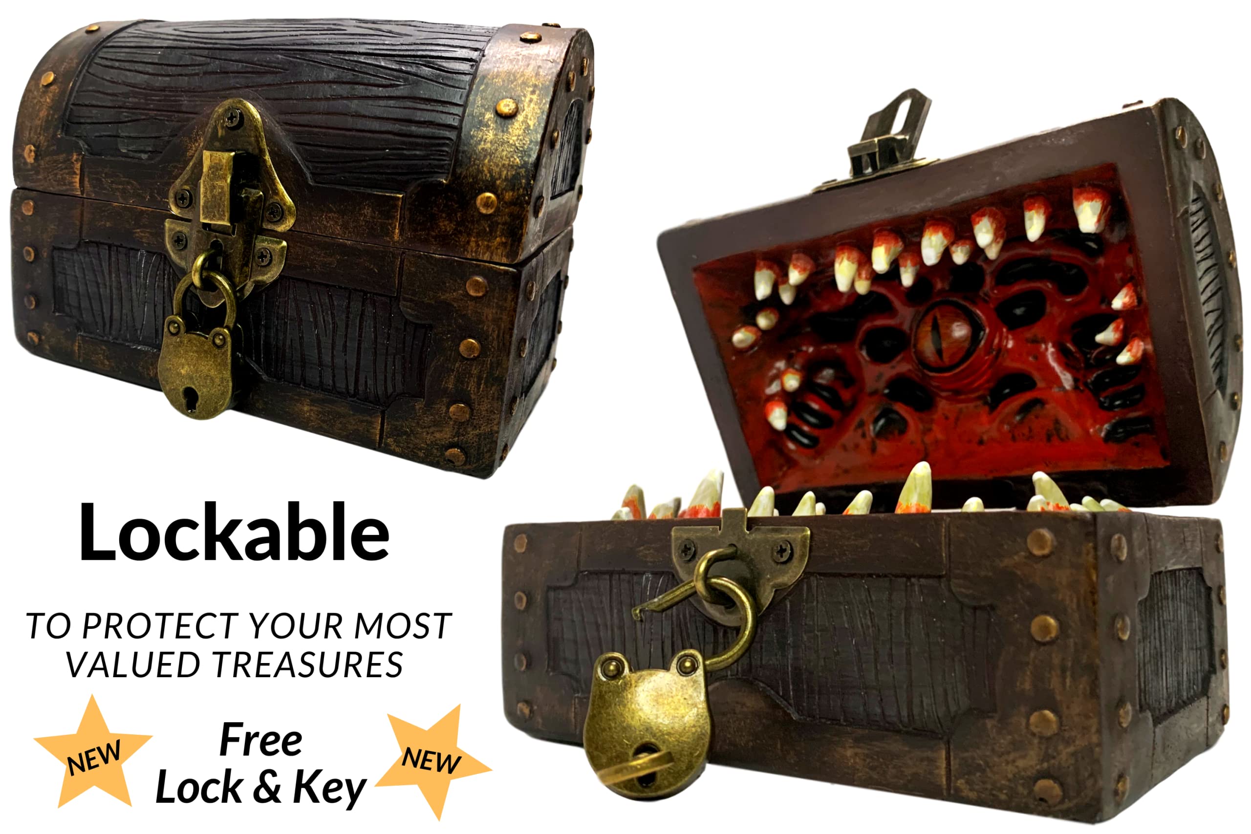 Galdor's Guild Mimic Chest Dice Storage Box with Free Lock & Key - D&D Dice Holder for Dungeons & Dragons Players & DMs - RPG Gaming Accessory - Fits 6 Polyhedral Dice Sets (Large) - Perfect for Tabletop Gaming, D&D Sessions & Collectors Display