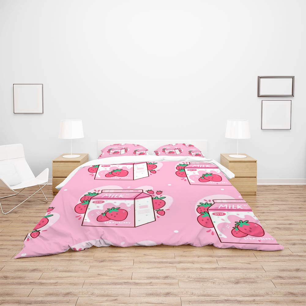 Kuizee Kawaii Strawberry Milk Anime Cartoon Duvet Cover Set - Ultra Soft, Breathable & Durable Queen Size Bedding - Perfect for Girls' Room, Anime Lover Gift & Cozy Bedroom Decor