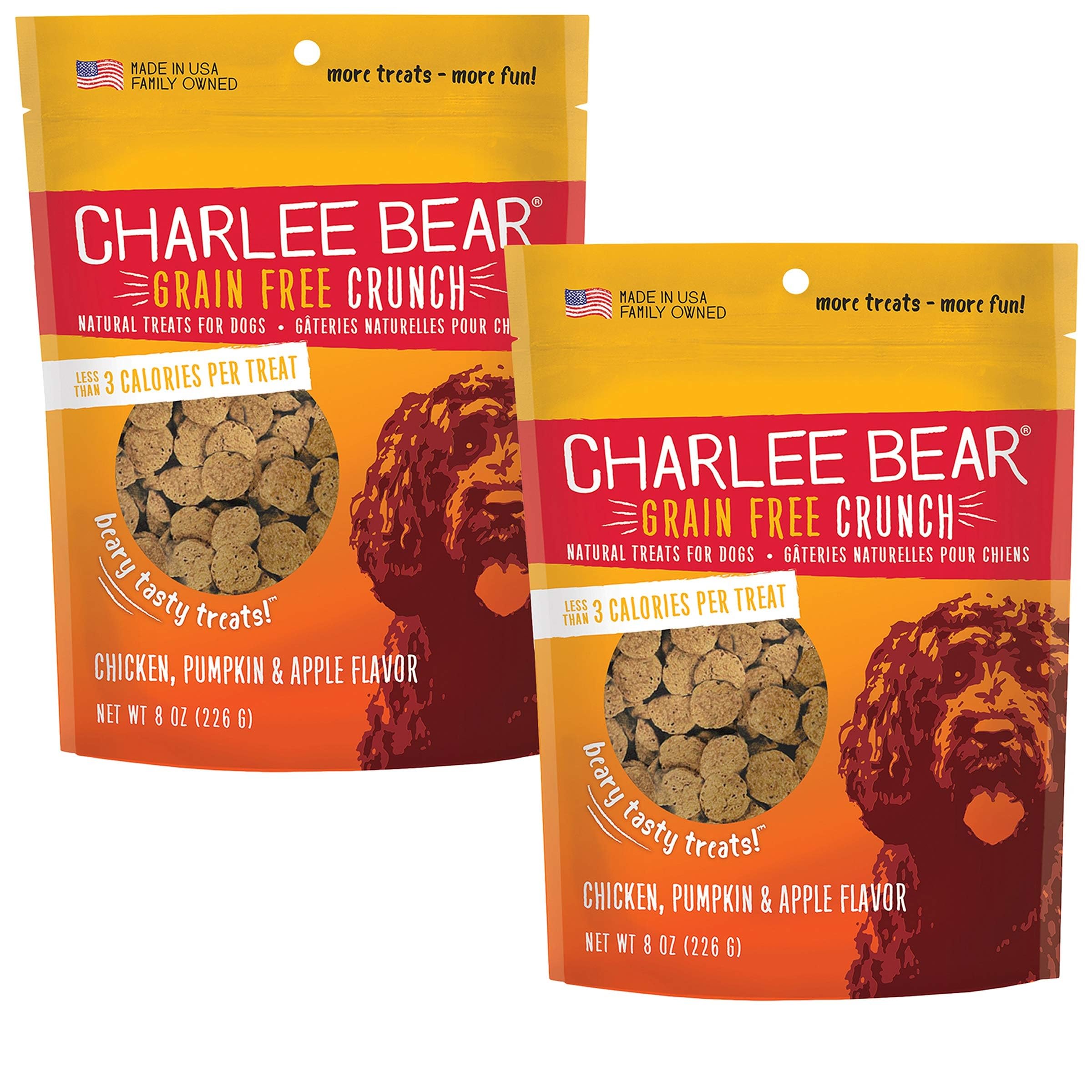 Charlee Bear Natural Dog Training Treats - Grain Free, Low Calorie Crunchy Snacks for Small, Medium & Large Dogs - Made in USA with Chicken, Pumpkin & Apple - 2 Pack (8oz Each) - Perfect for Obedience Training & Positive Reinforcement