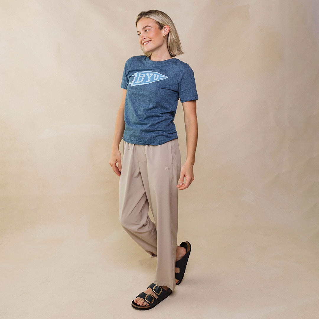 BYU Boyfriend T-Shirt - Navy Blue Tilted Flag Design - Comfortable Casual Wear for College, Game Day & Everyday Outfits