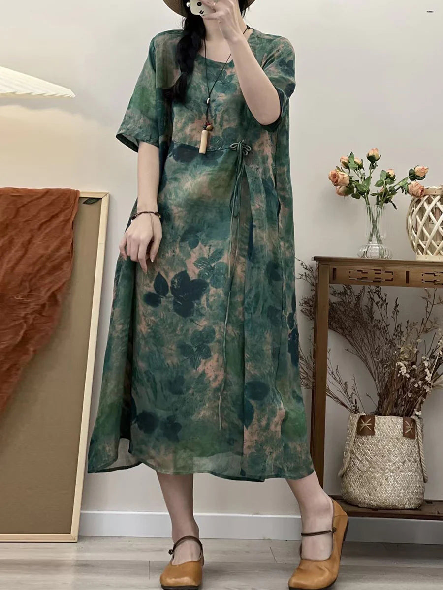 Plus Size Summer Floral Print Loose Fit Ramie Dress for Women - Comfortable Vacation & Beach Wear for Travel