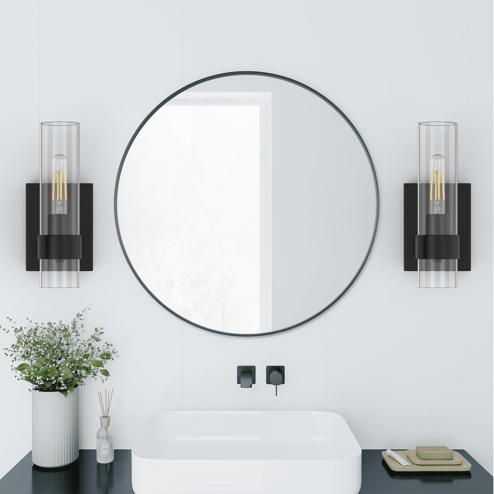 Zevluck 1-Light Modern Wall Sconce - Matte Black Bathroom Vanity Light with Clear Cylinder Glass Shade - Hardwired Wall Lamp for Bathroom, Bedroom, Living Room, Stairs & Hallway - Perfect for Ambient Lighting and Home Decor