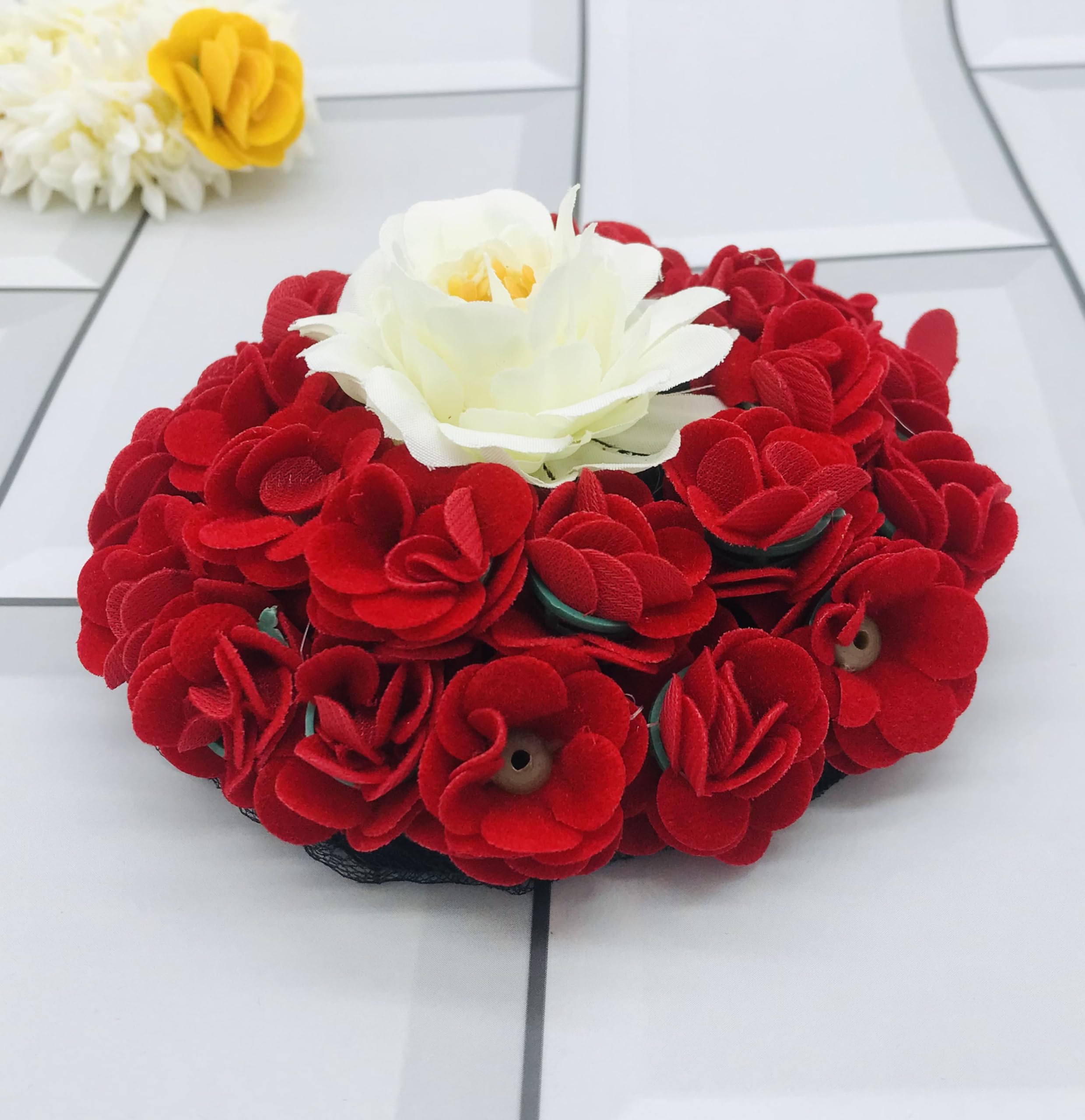 Gadinfashion™ Artificial Flower Bridal Hair Gajra - Red & White Hair Bun Flower Accessories for Women & Girls | Fake Floral Hair Jewelry for Weddings, Parties & Special Occasions