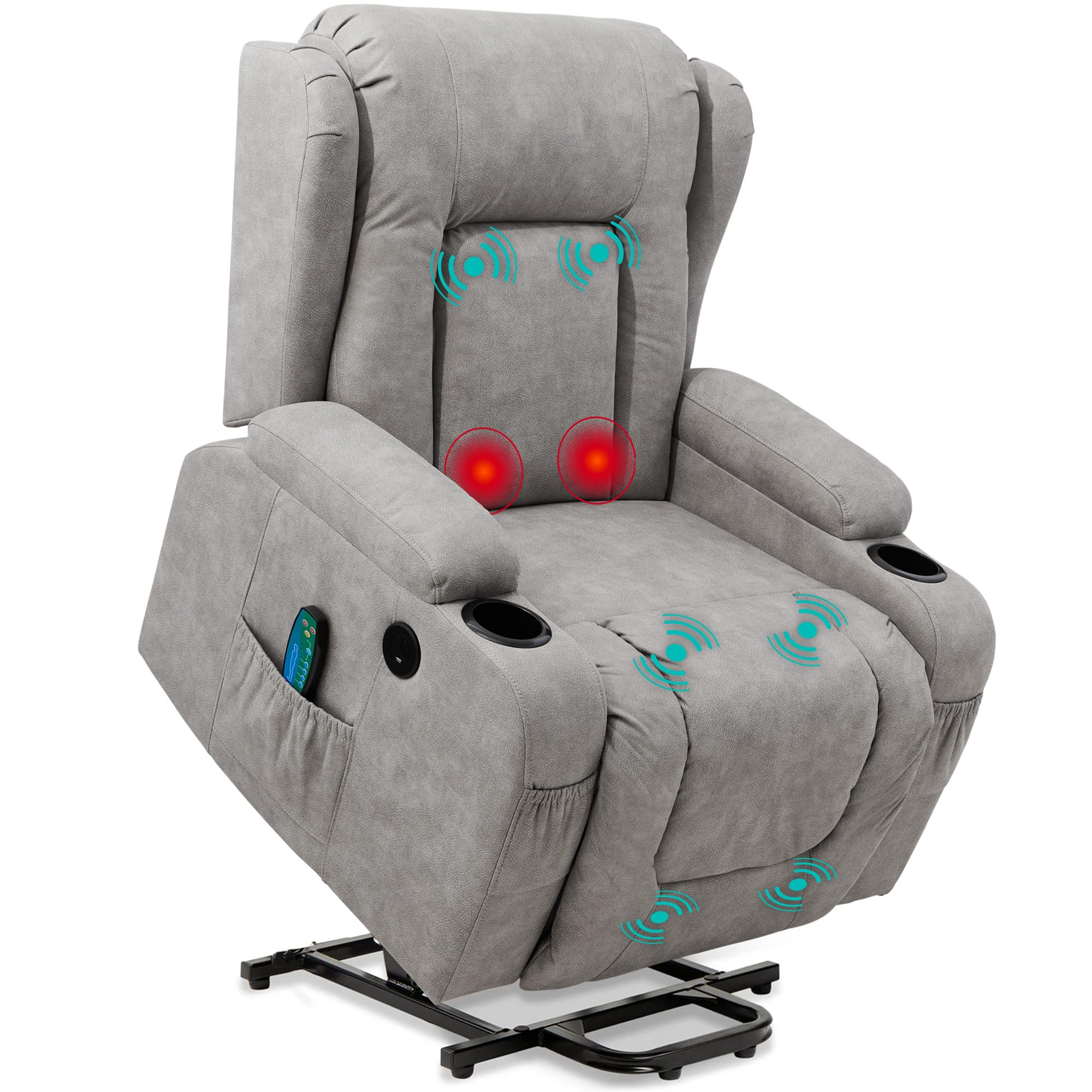 Best PU Leather Electric Power Lift Recliner Massage Chair with Heat & USB Port - Adjustable for Back & Legs, 3 Positions, Cup Holders - Gray - Perfect for Living Room, Home Theater & Elderly Comfort