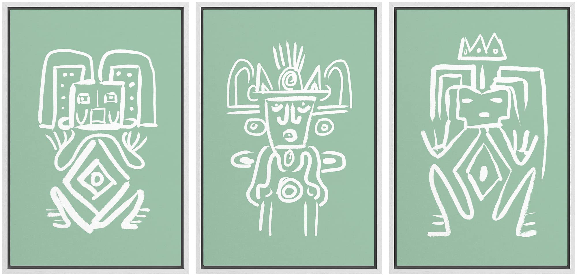 NWT Framed Wall Art Print Set - Green Tribal Aztec Pattern Abstract Shapes Modern Art for Living Room, Bedroom, Office Decor - 16x24 Inches White Frame | Perfect for Boho, Mid-Century & Contemporary Home Styling