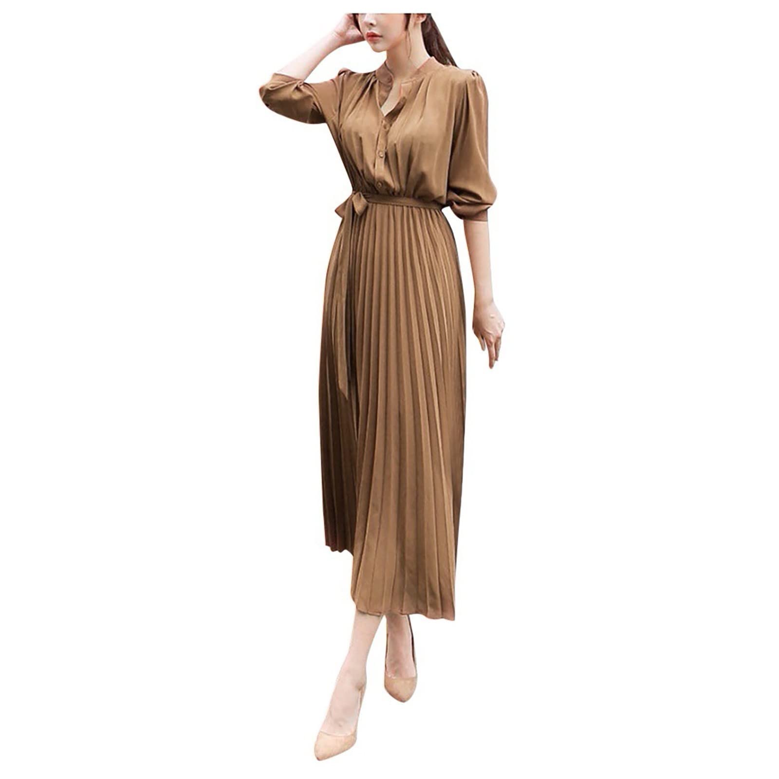 Women's Casual Solid Color V-Neck Long Sleeve Dress with Belted Waist & Flowy Pleated Skirt - Perfect for Work, Date Night & Special Occasions
