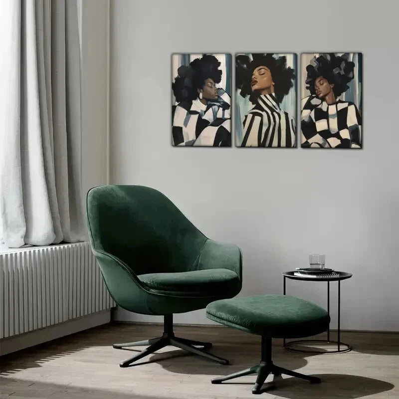 3Pcs Abstract African Woman Feminine Portrait Metal Wall Art - Ready to Hang Canvas Prints for Living Room, Bedroom & Office Decor