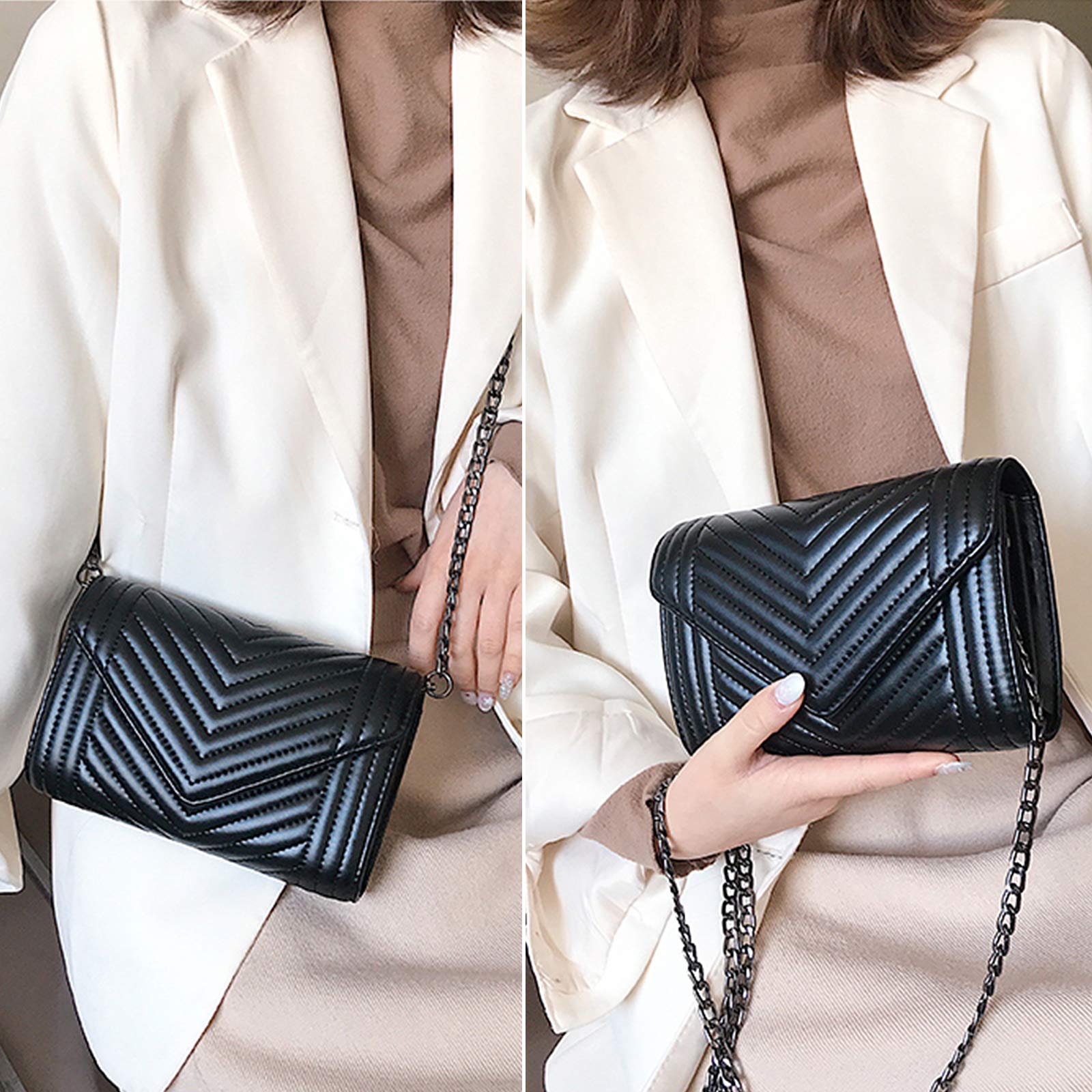 Stylish Black Leather Quilted Crossbody Bag for Women - Fashionable Chain Shoulder Purse with Phone Wallet Strap (Fits iPhone) - Perfect for Work, Travel & Everyday Use
